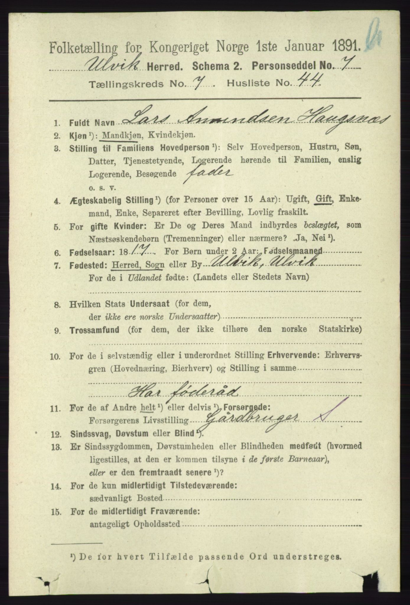 RA, 1891 census for 1233 Ulvik, 1891, p. 2527