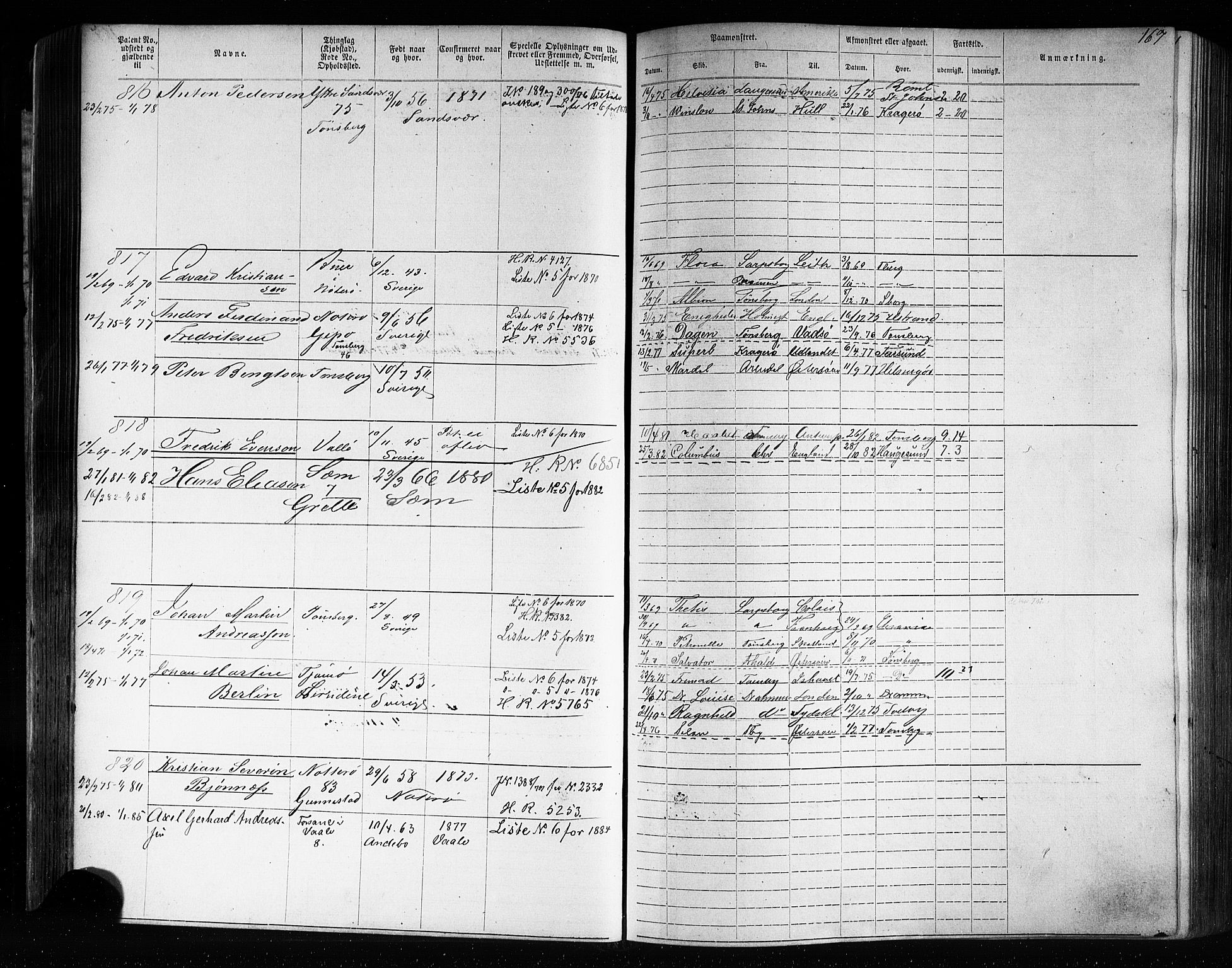 Tønsberg innrulleringskontor, SAKO/A-786/F/Fb/L0006: Annotasjonsrulle Patent nr. 1-2635, 1868-1877, p. 168