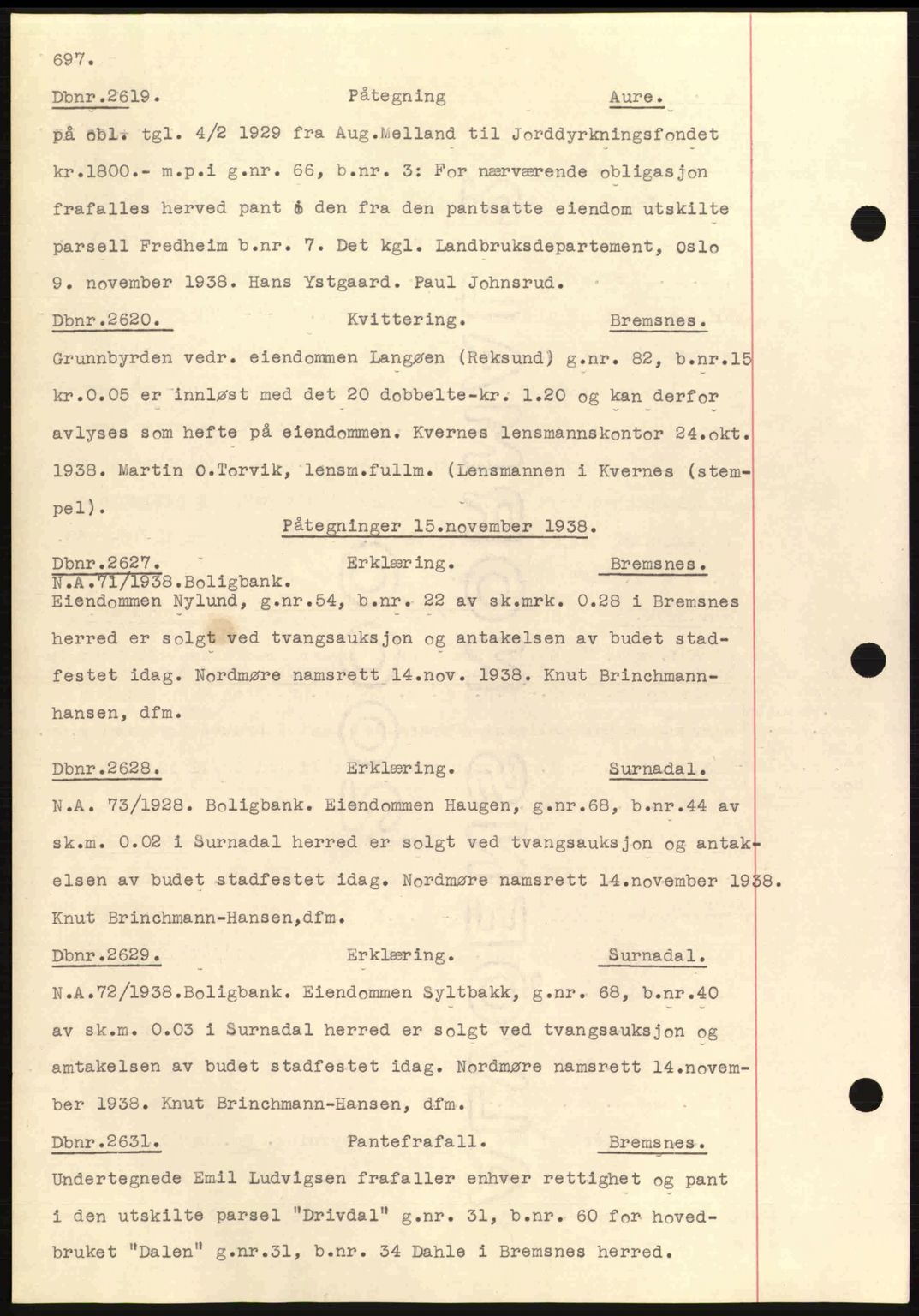 Nordmøre sorenskriveri, AV/SAT-A-4132/1/2/2Ca: Mortgage book no. C80, 1936-1939, Diary no: : 2619/1938