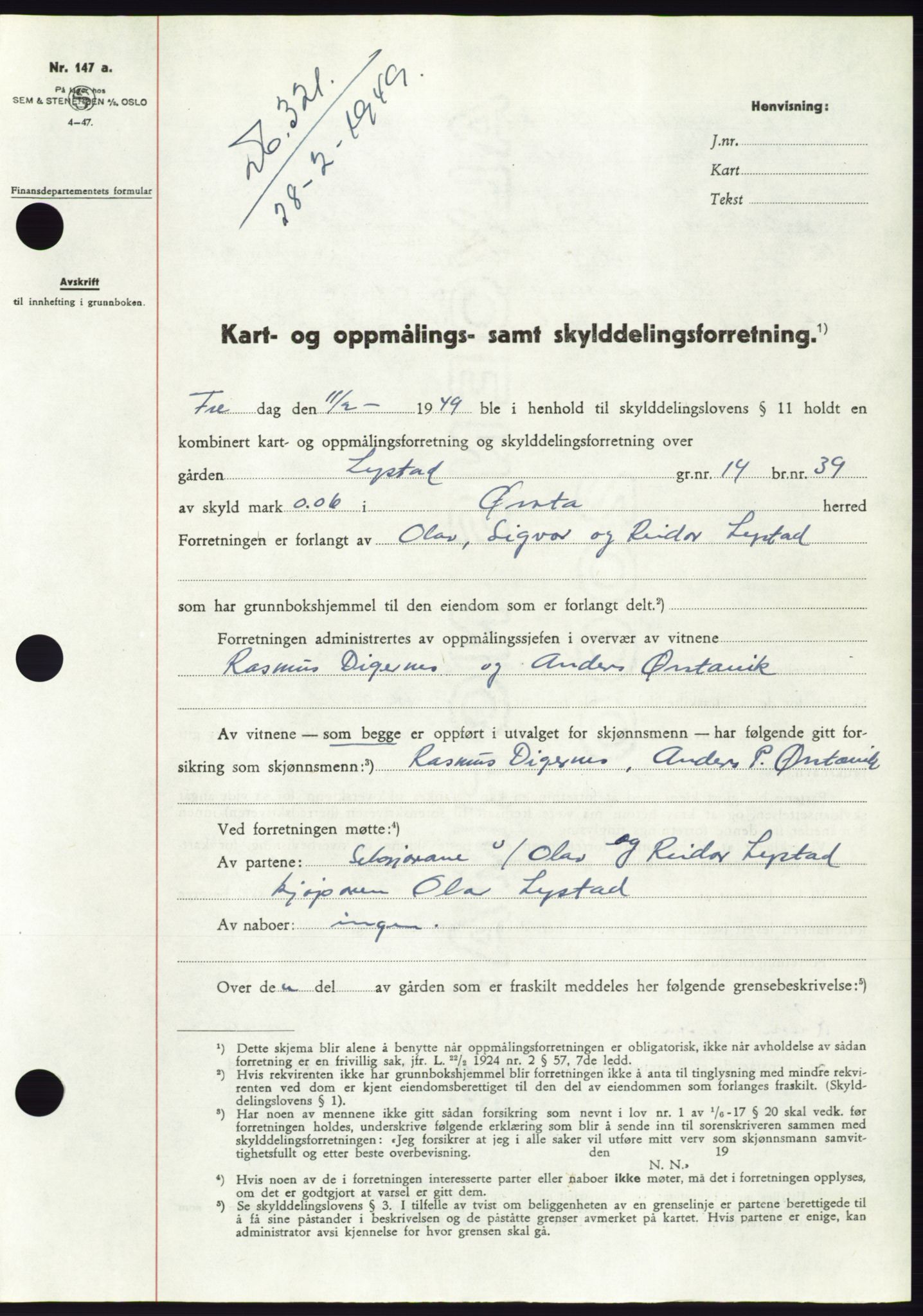 Søre Sunnmøre sorenskriveri, AV/SAT-A-4122/1/2/2C/L0084: Mortgage book no. 10A, 1949-1949, Diary no: : 321/1949