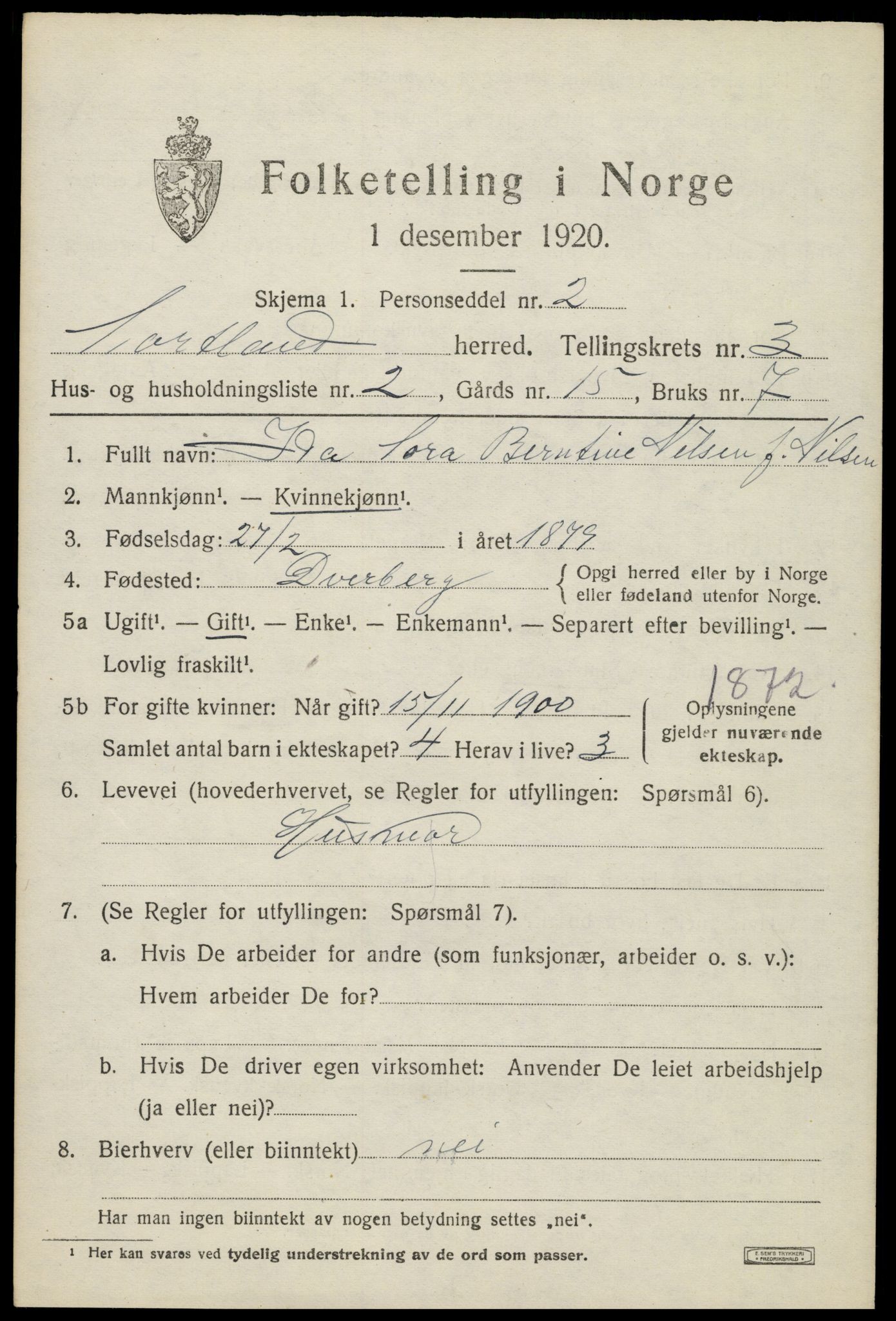 SAT, 1920 census for Sortland, 1920, p. 3626