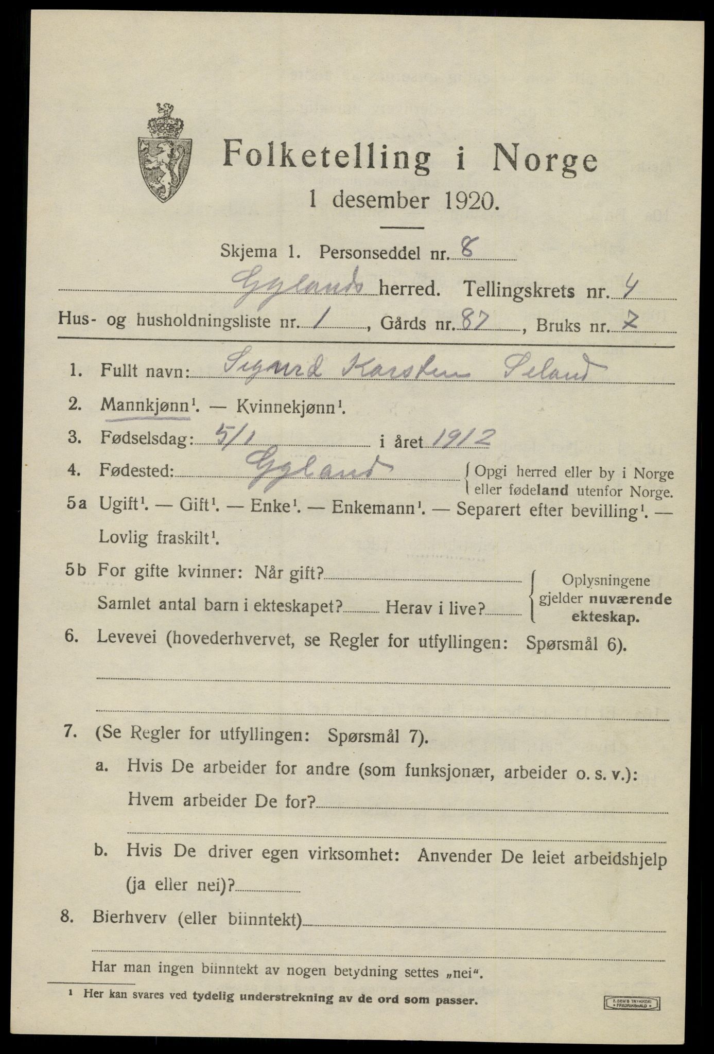 SAK, 1920 census for Gyland, 1920, p. 1052