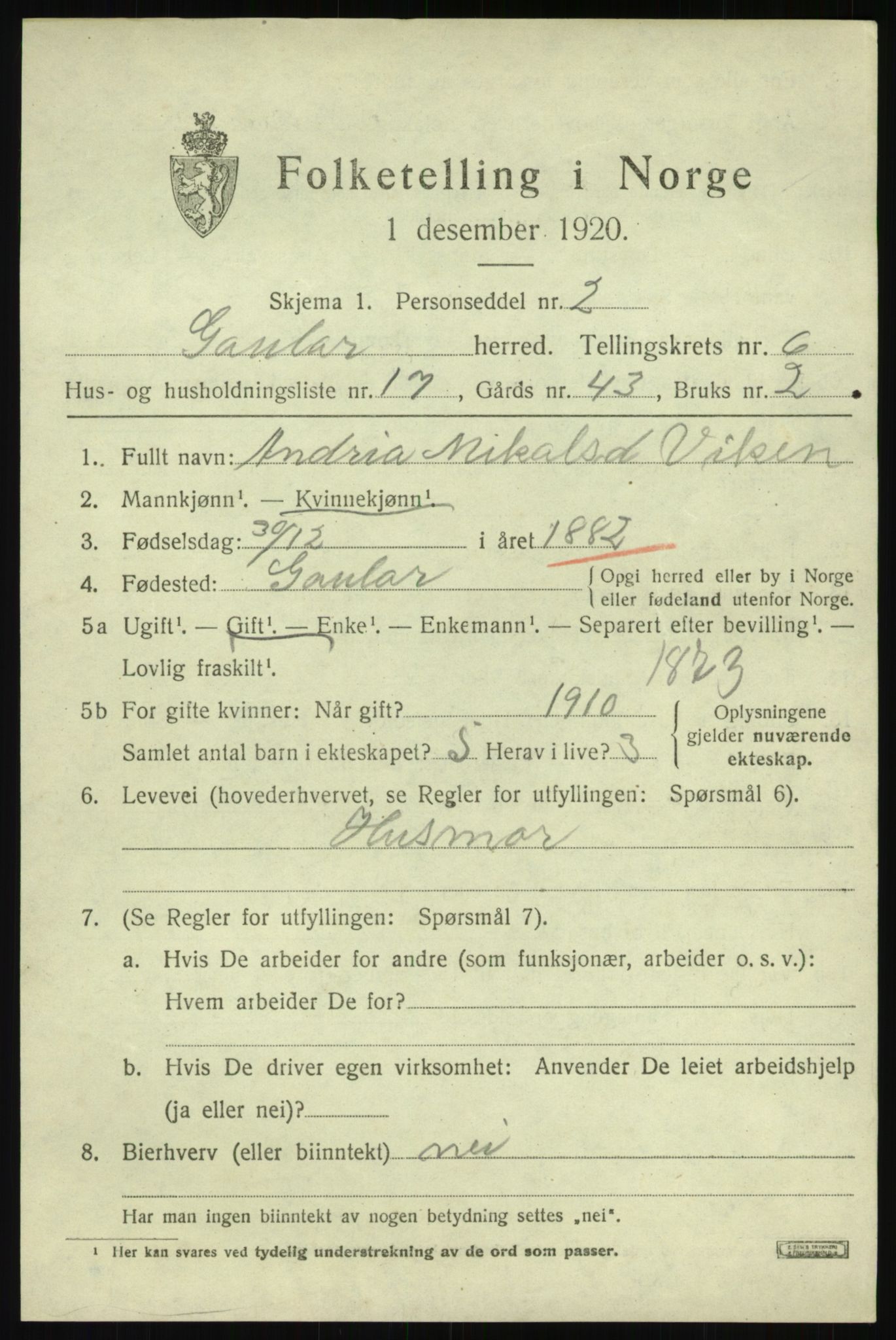 SAB, 1920 census for Gaular, 1920, p. 3096