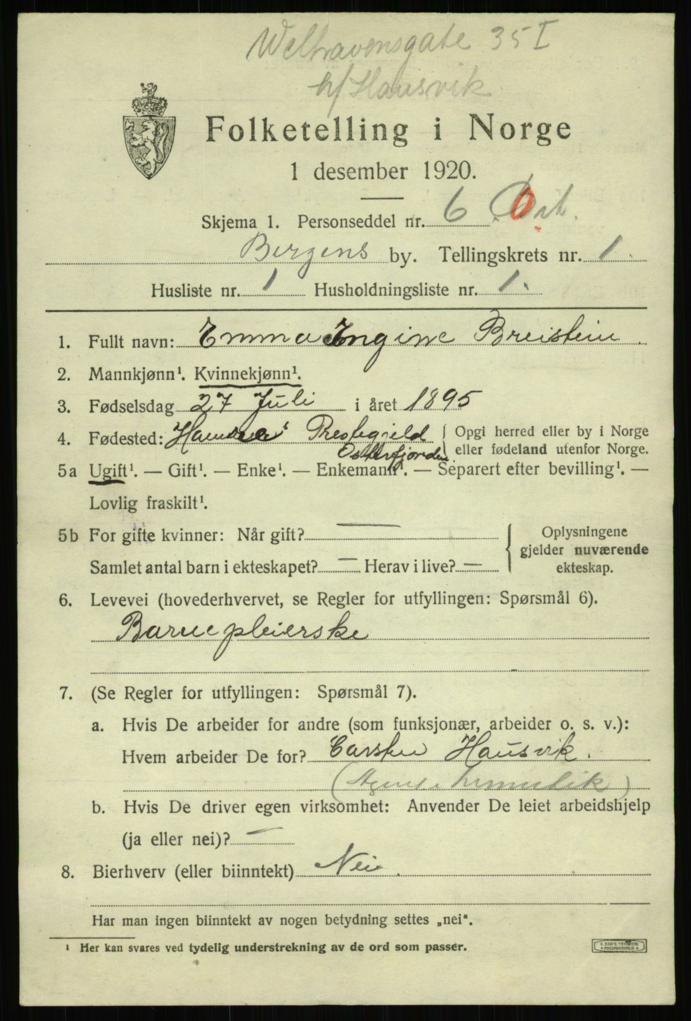 SAB, 1920 census for Bergen, 1920, p. 58191