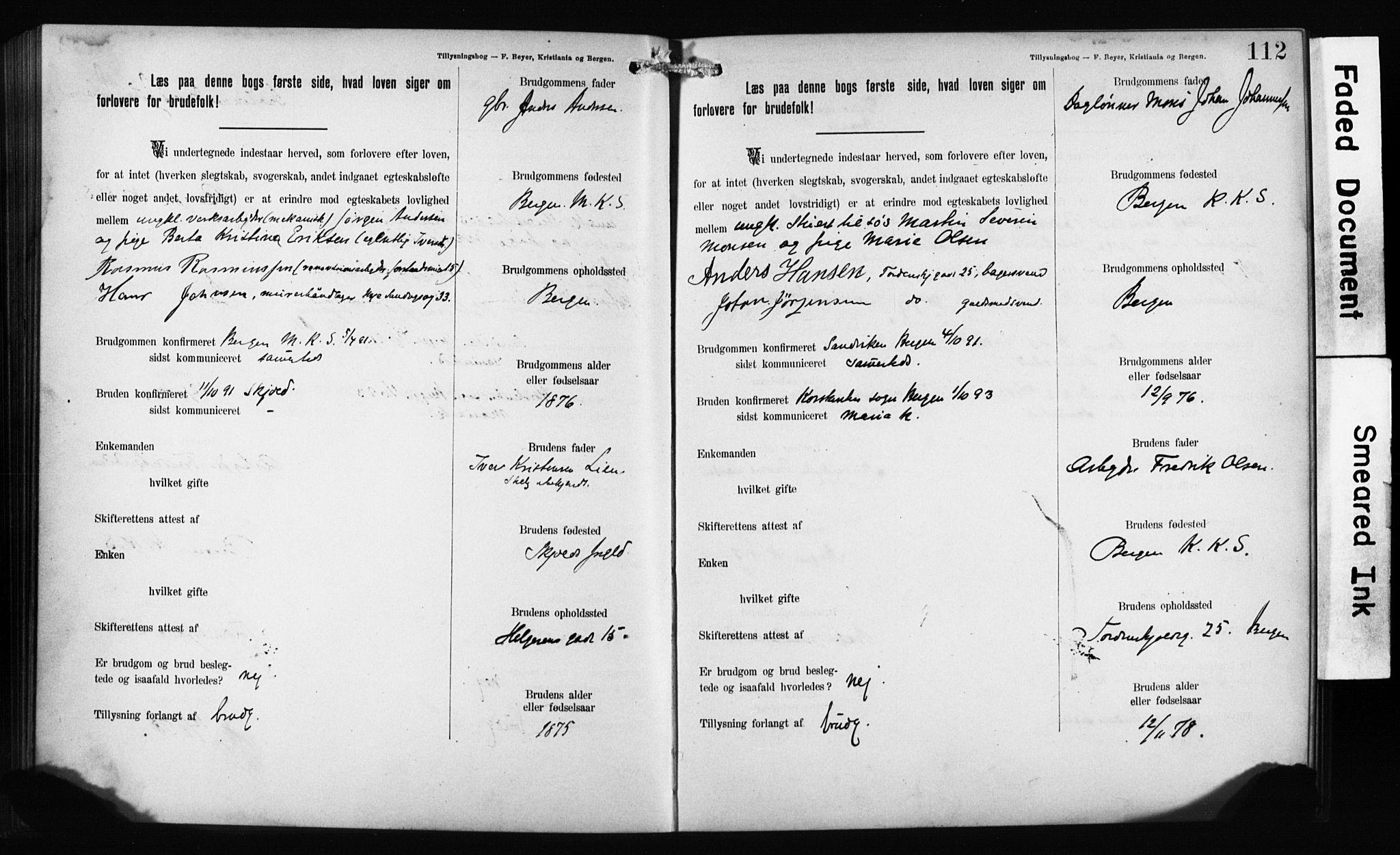 Mariakirken Sokneprestembete, AV/SAB-A-76901: Best man's statements no. II.5.1, 1891-1901, p. 112