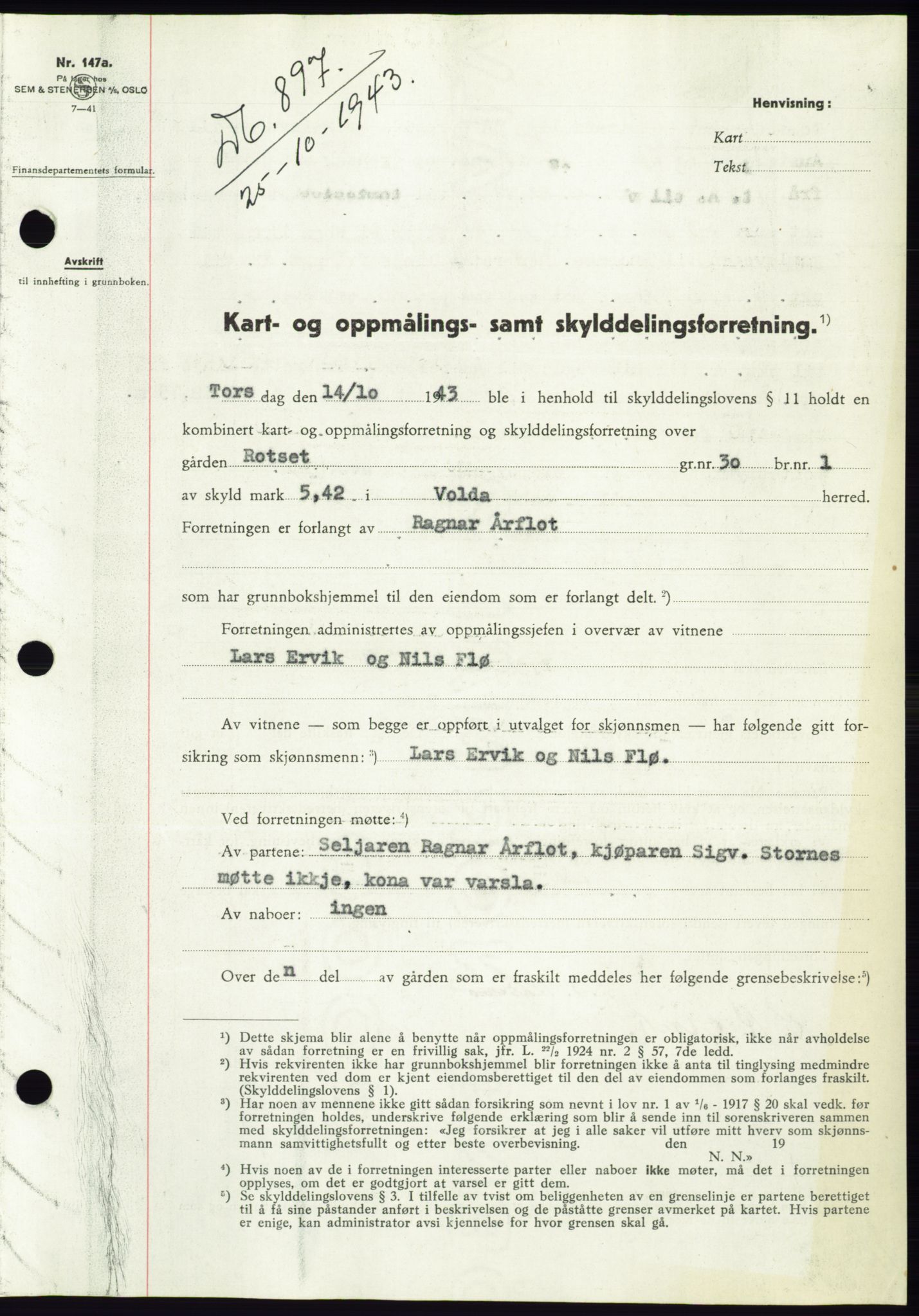 Søre Sunnmøre sorenskriveri, AV/SAT-A-4122/1/2/2C/L0075: Mortgage book no. 1A, 1943-1943, Diary no: : 897/1943