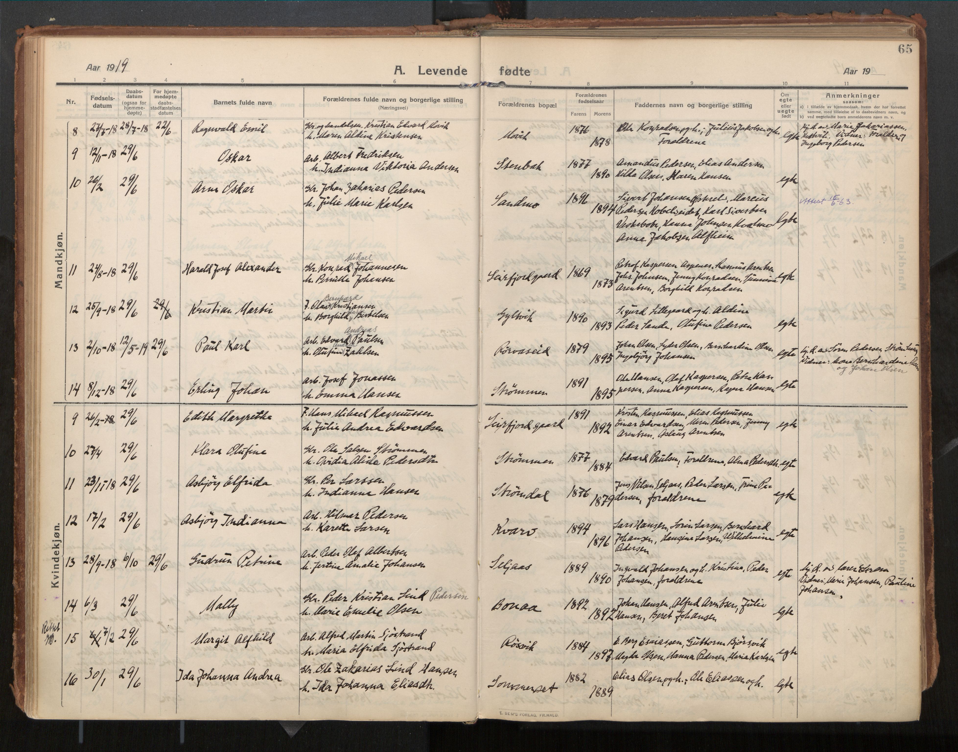 Ministerialprotokoller, klokkerbøker og fødselsregistre - Nordland, SAT/A-1459/854/L0784: Parish register (official) no. 854A07, 1910-1922, p. 65