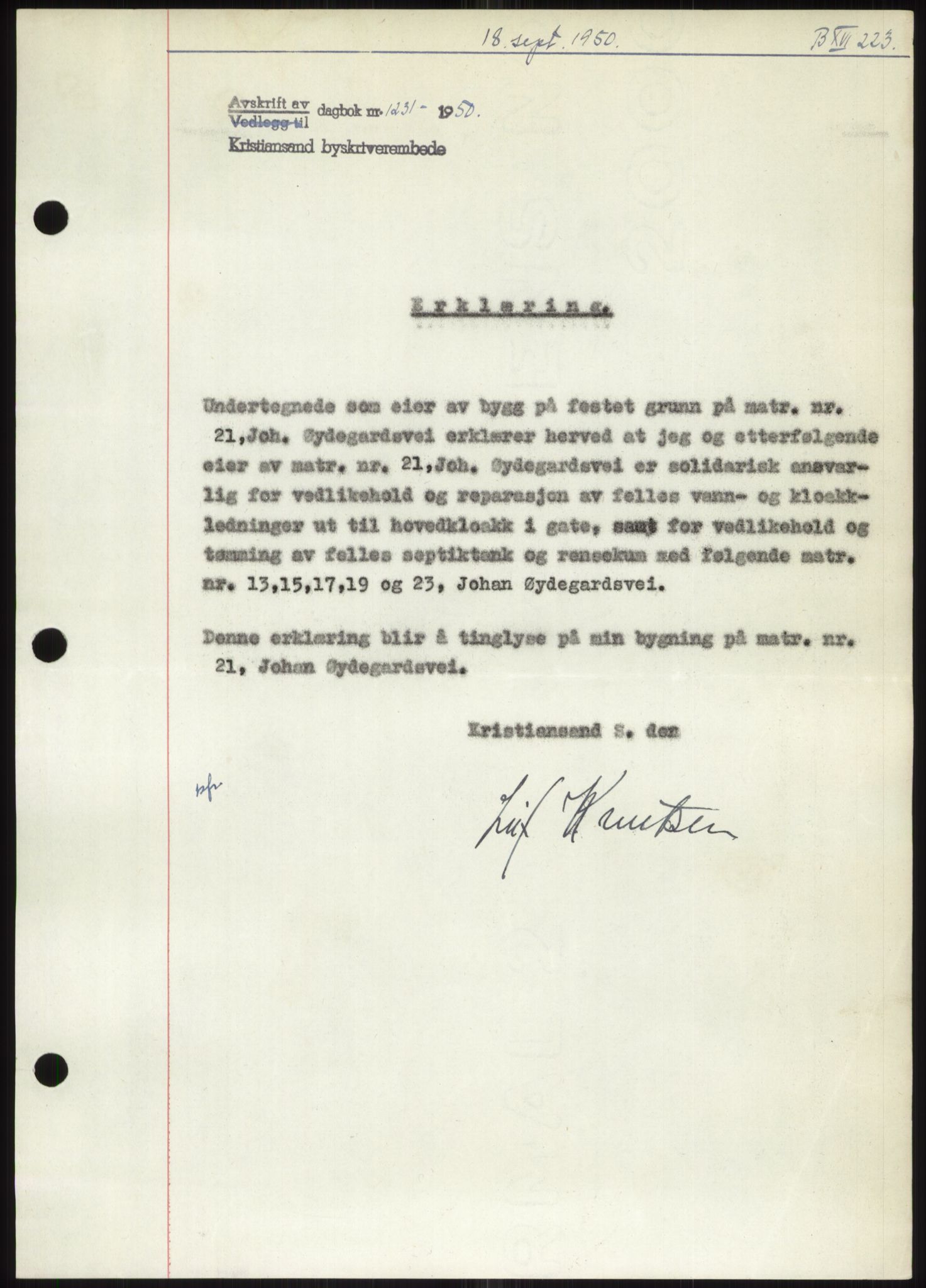 Kristiansand byrett, AV/SAK-1223-0001/G/Gb/Gbb/L0013: Mortgage book no. B 16, 1950-1950, Diary no: : 1231/1950