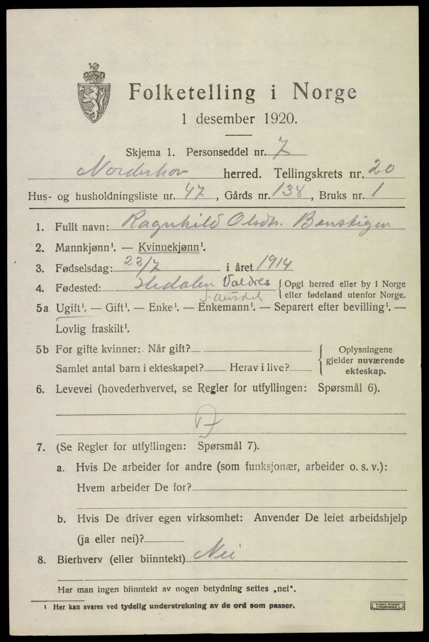 SAKO, 1920 census for Norderhov, 1920, p. 21890