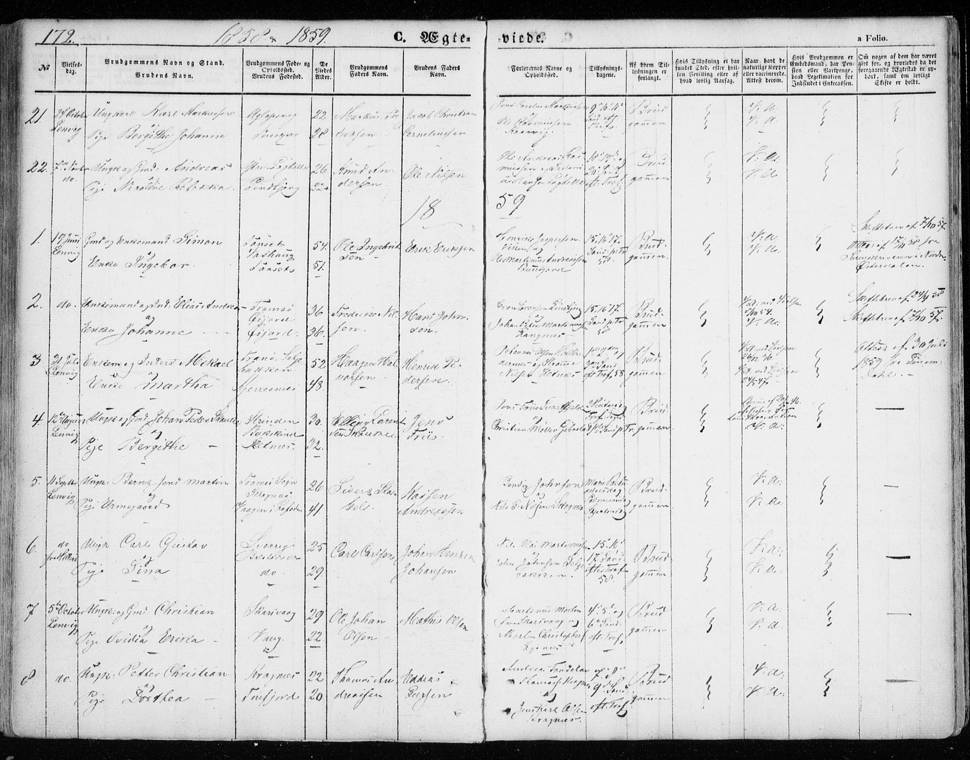 Lenvik sokneprestembete, SATØ/S-1310/H/Ha/Haa/L0007kirke: Parish register (official) no. 7, 1855-1865, p. 172