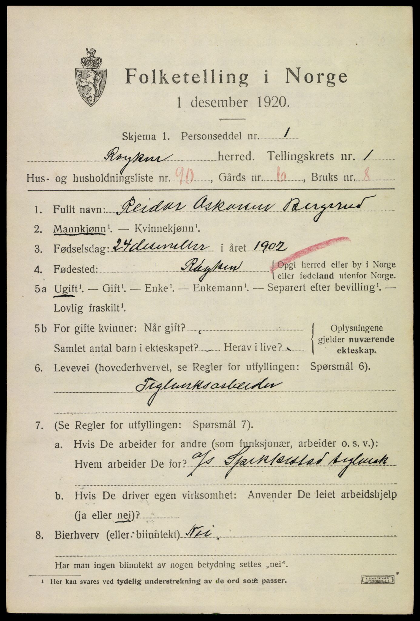 SAKO, 1920 census for Røyken, 1920, p. 2880