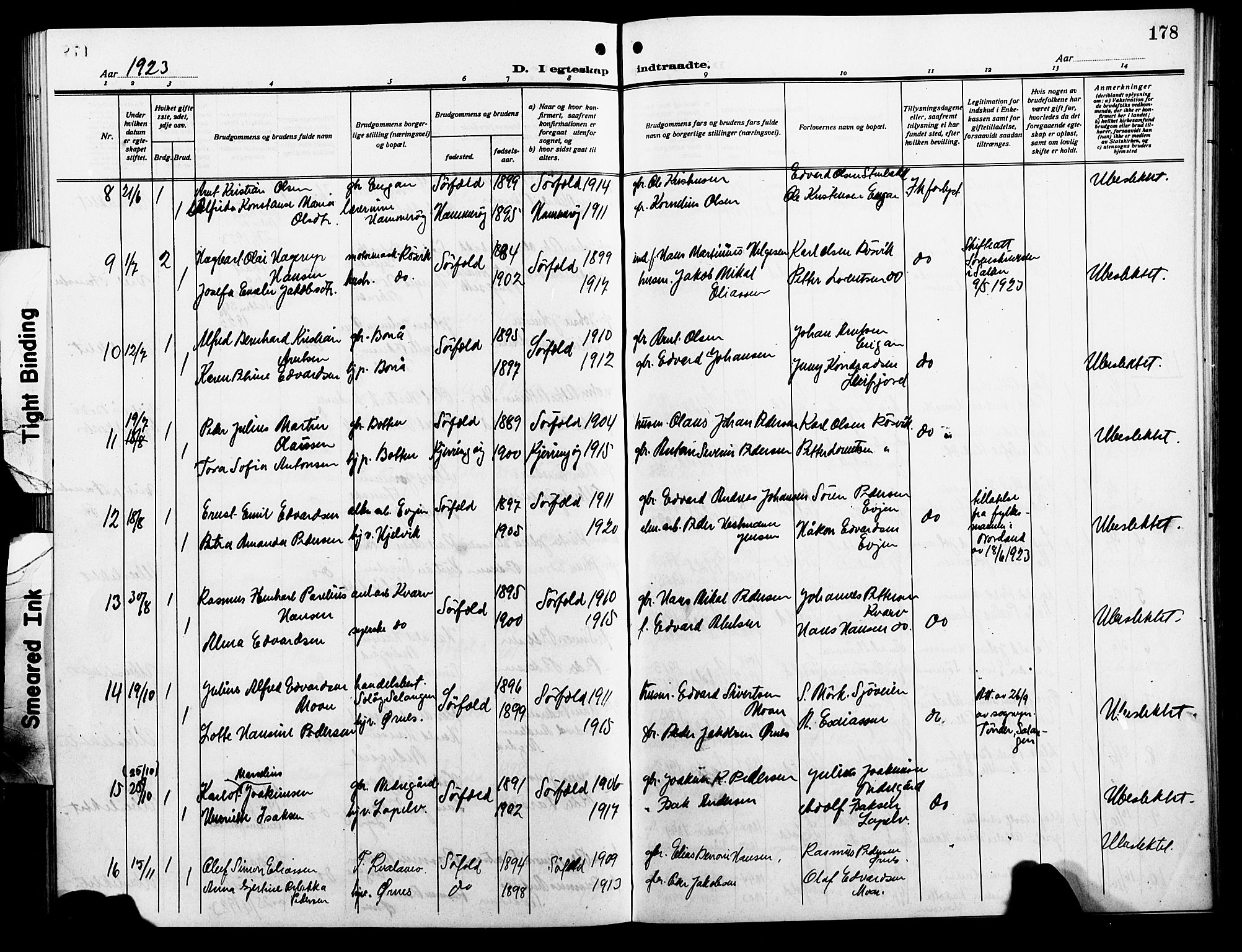 Ministerialprotokoller, klokkerbøker og fødselsregistre - Nordland, AV/SAT-A-1459/854/L0787: Parish register (copy) no. 854C03, 1913-1926, p. 178