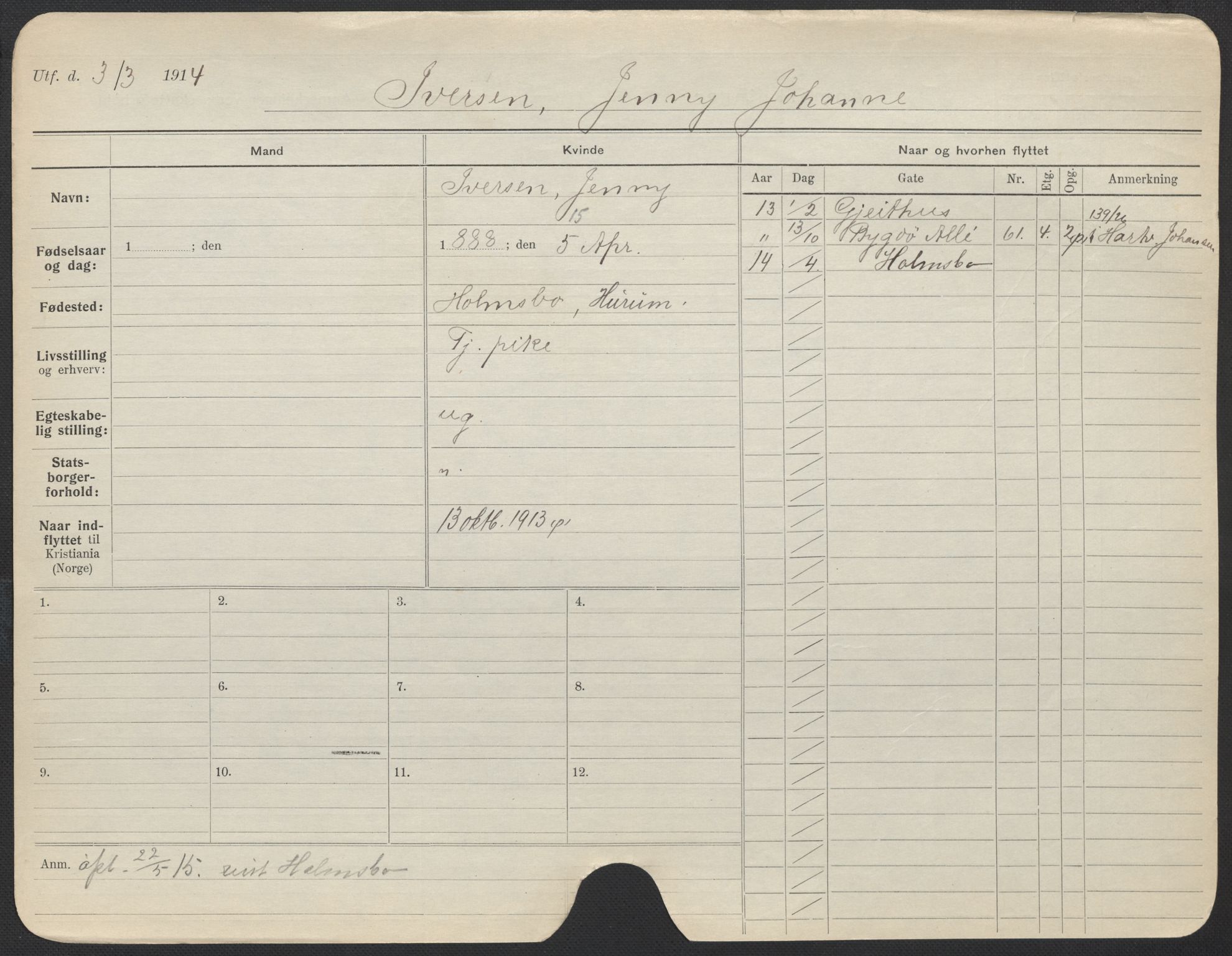 Oslo folkeregister, Registerkort, AV/SAO-A-11715/F/Fa/Fac/L0017: Kvinner, 1906-1914, p. 101a