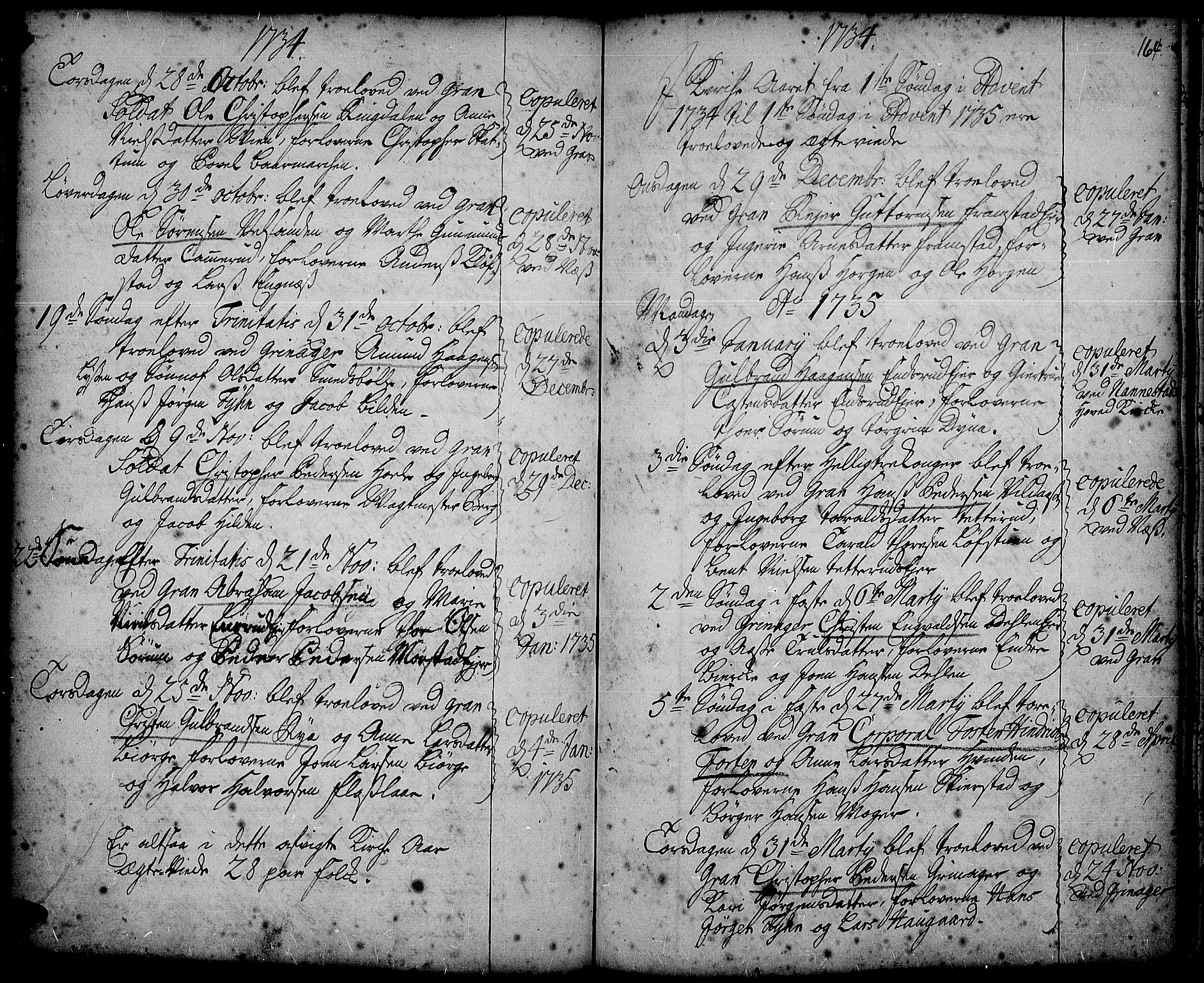 Gran prestekontor, SAH/PREST-112/H/Ha/Haa/L0002: Parish register (official) no. 2, 1732-1744, p. 164