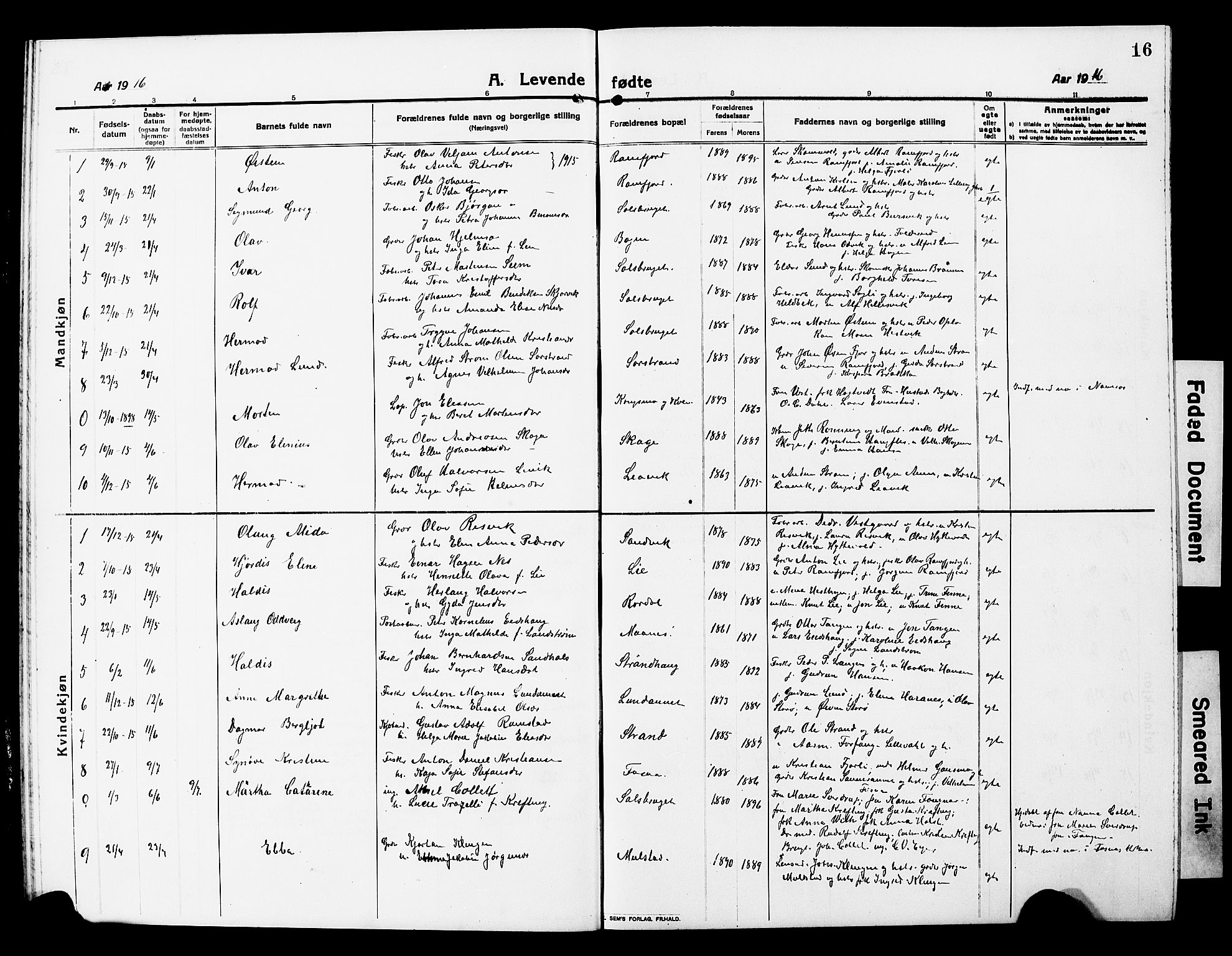 Ministerialprotokoller, klokkerbøker og fødselsregistre - Nord-Trøndelag, SAT/A-1458/780/L0653: Parish register (copy) no. 780C05, 1911-1927, p. 16
