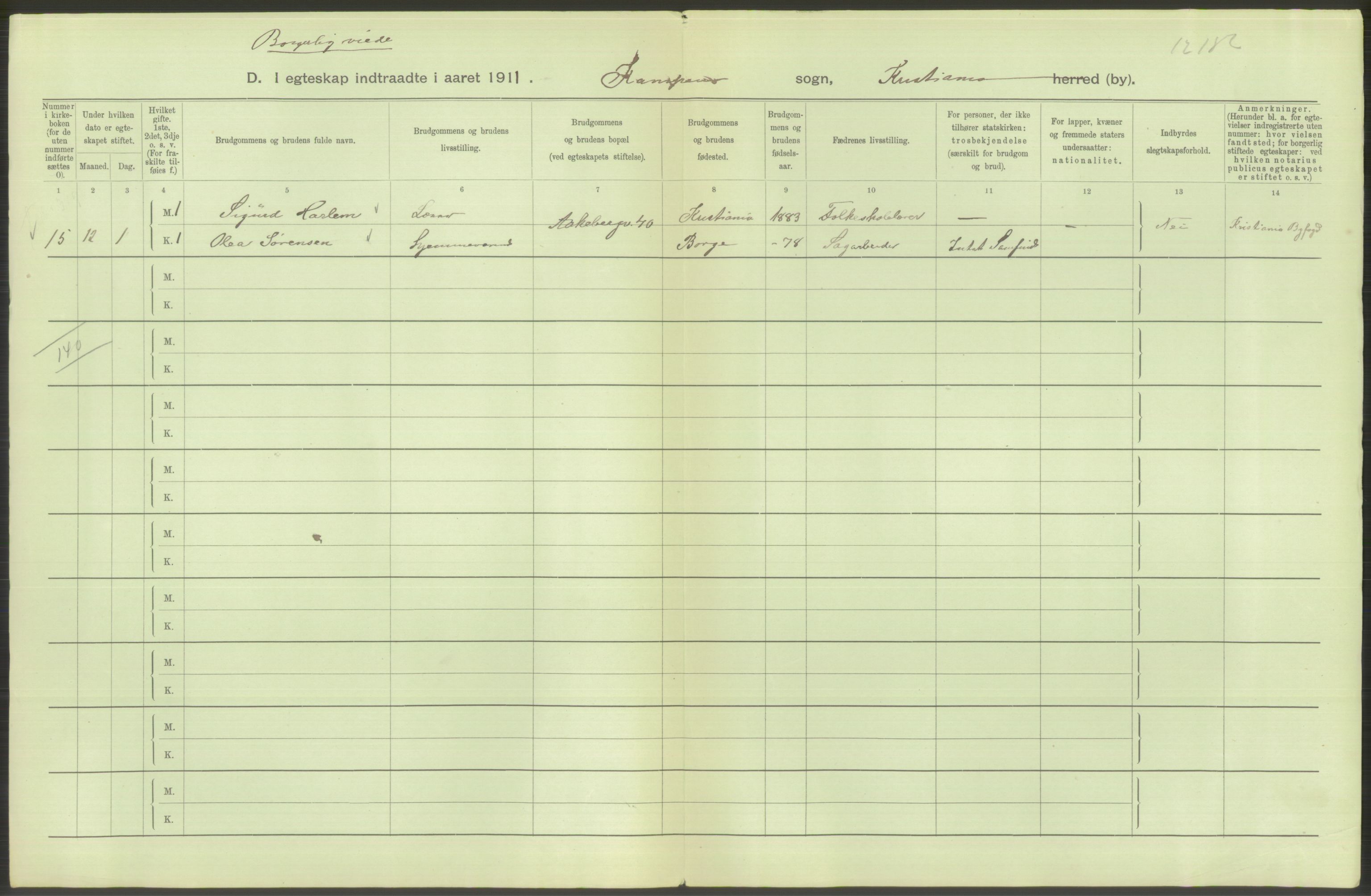 Statistisk sentralbyrå, Sosiodemografiske emner, Befolkning, RA/S-2228/D/Df/Dfb/Dfba/L0008: Kristiania: Gifte, 1911, p. 332