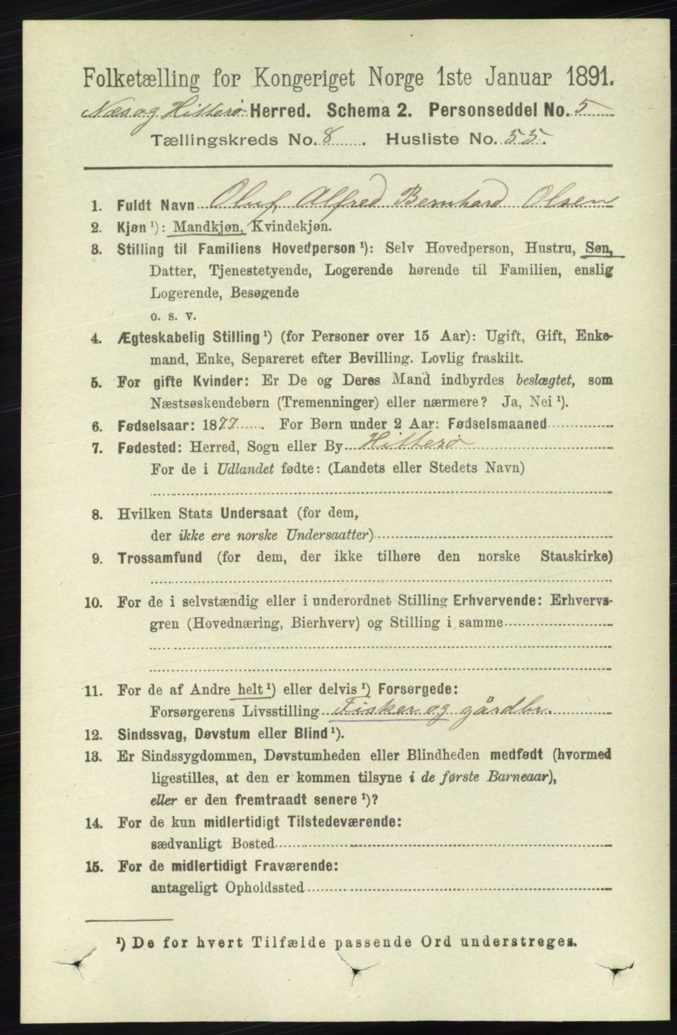 RA, 1891 census for 1043 Hidra og Nes, 1891, p. 3599