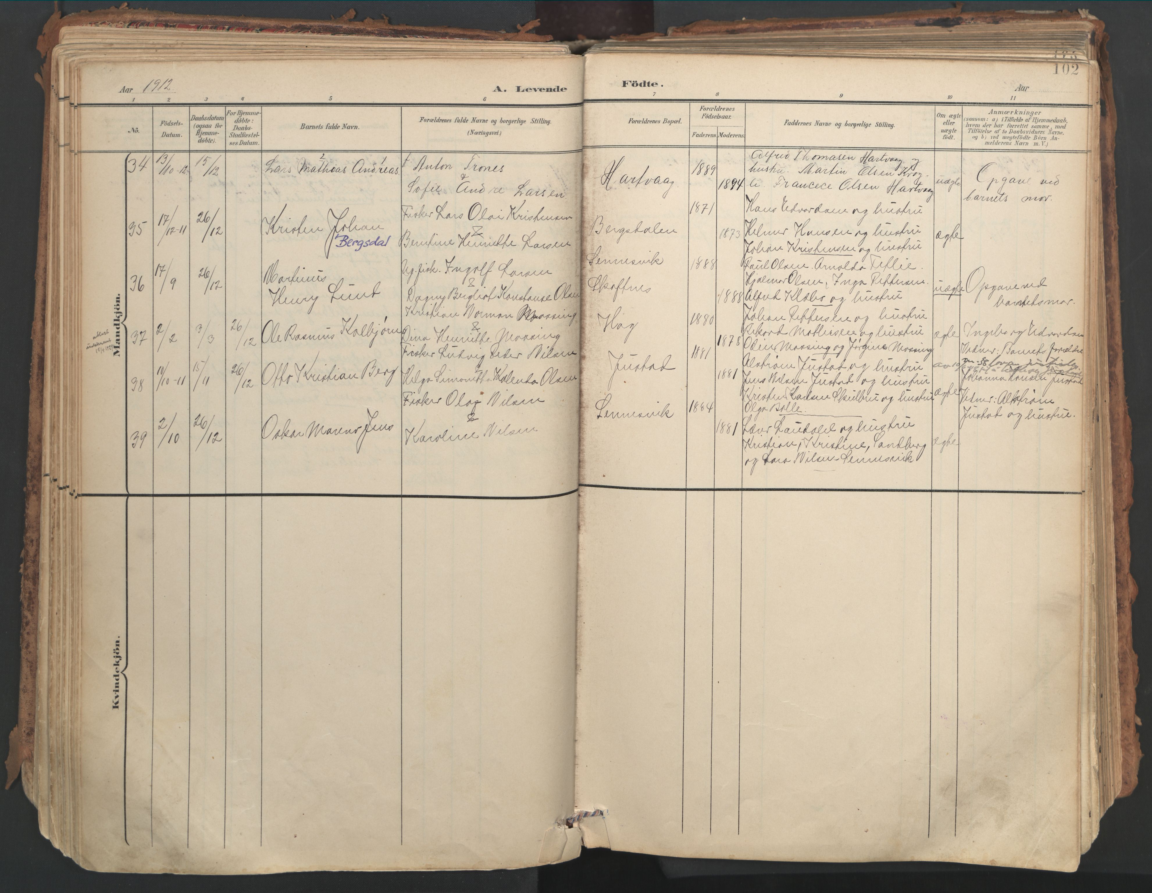 Ministerialprotokoller, klokkerbøker og fødselsregistre - Nordland, SAT/A-1459/882/L1180: Parish register (official) no. 882A02, 1897-1913, p. 102