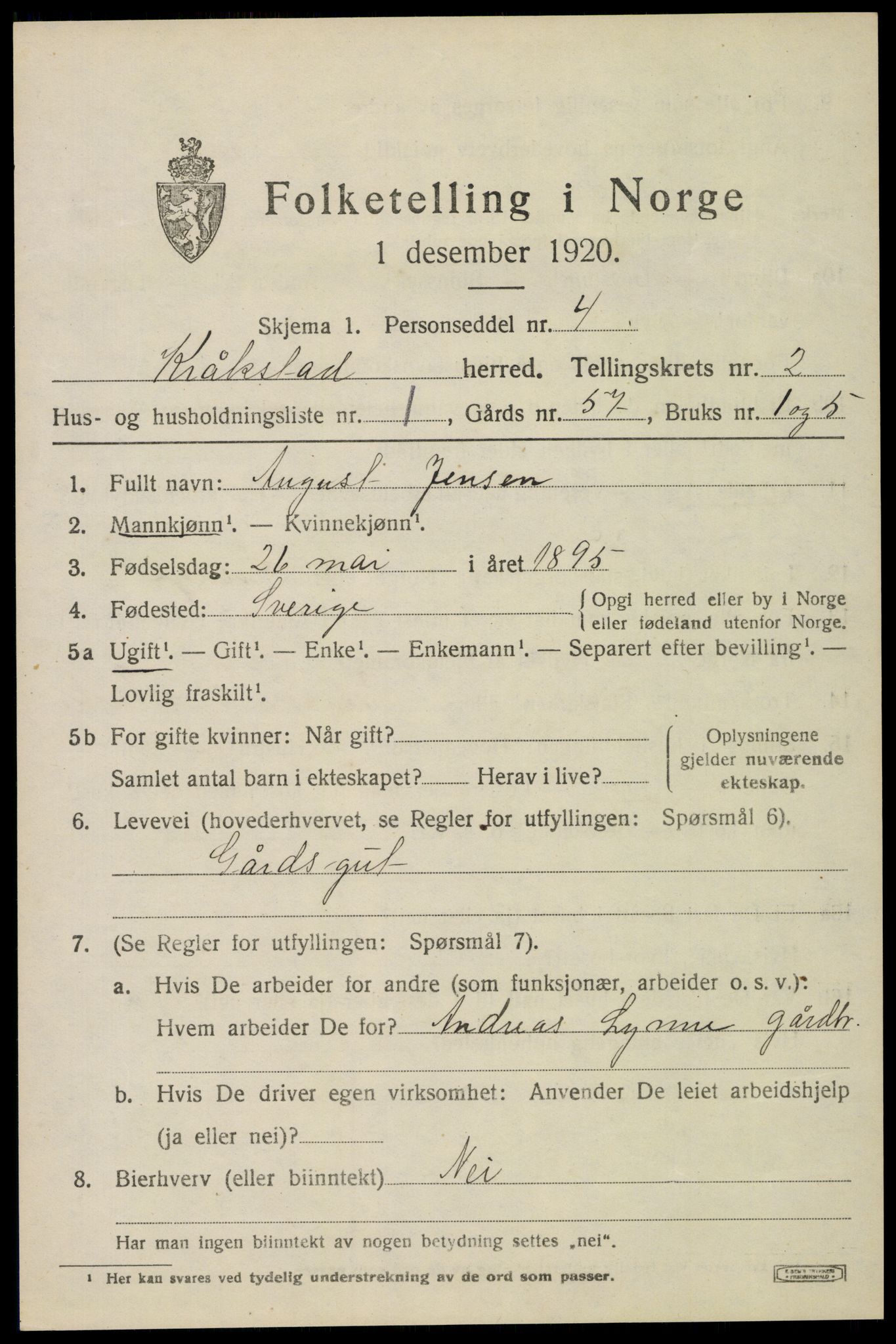 SAO, 1920 census for Kråkstad, 1920, p. 2713