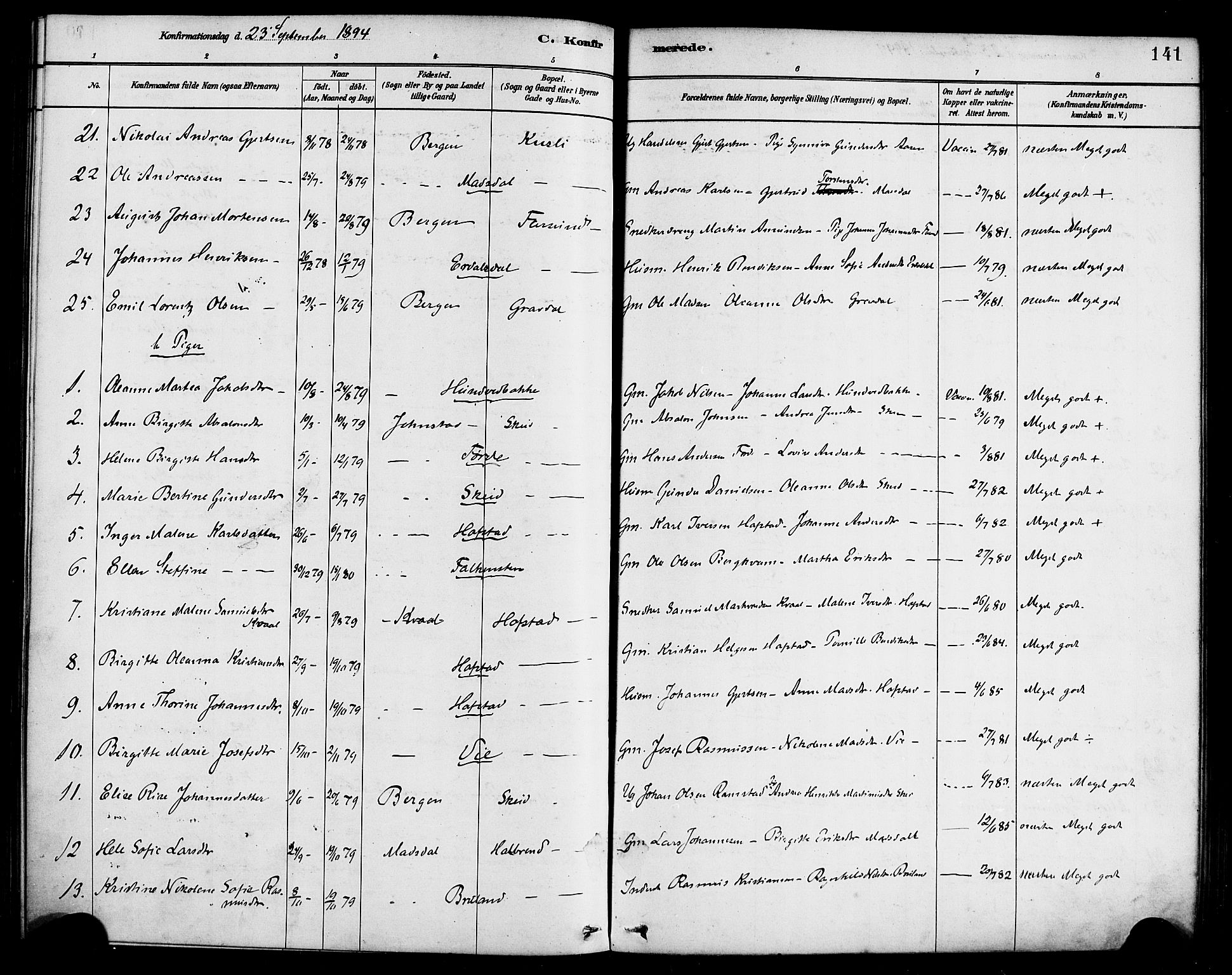 Førde sokneprestembete, AV/SAB-A-79901/H/Haa/Haab/L0001: Parish register (official) no. B 1, 1880-1898, p. 141