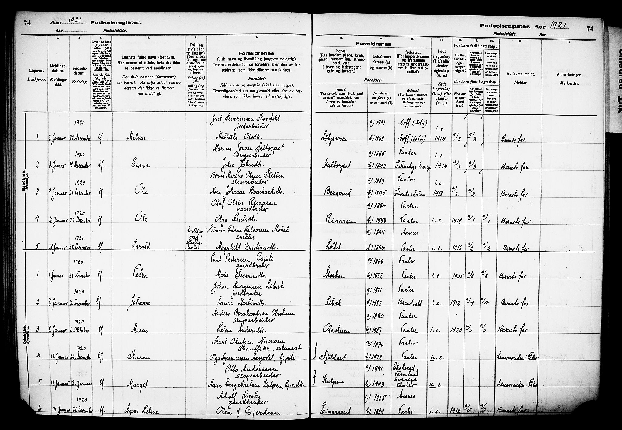 Våler prestekontor, Hedmark, AV/SAH-PREST-040/I/Id/L0001: Birth register no. 1, 1916-1930, p. 74