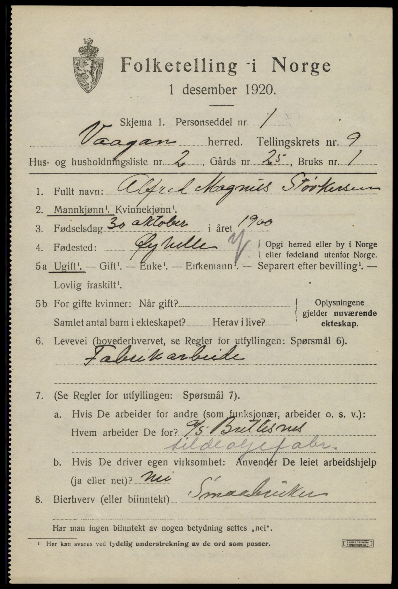 SAT, 1920 census for Vågan, 1920, p. 8111