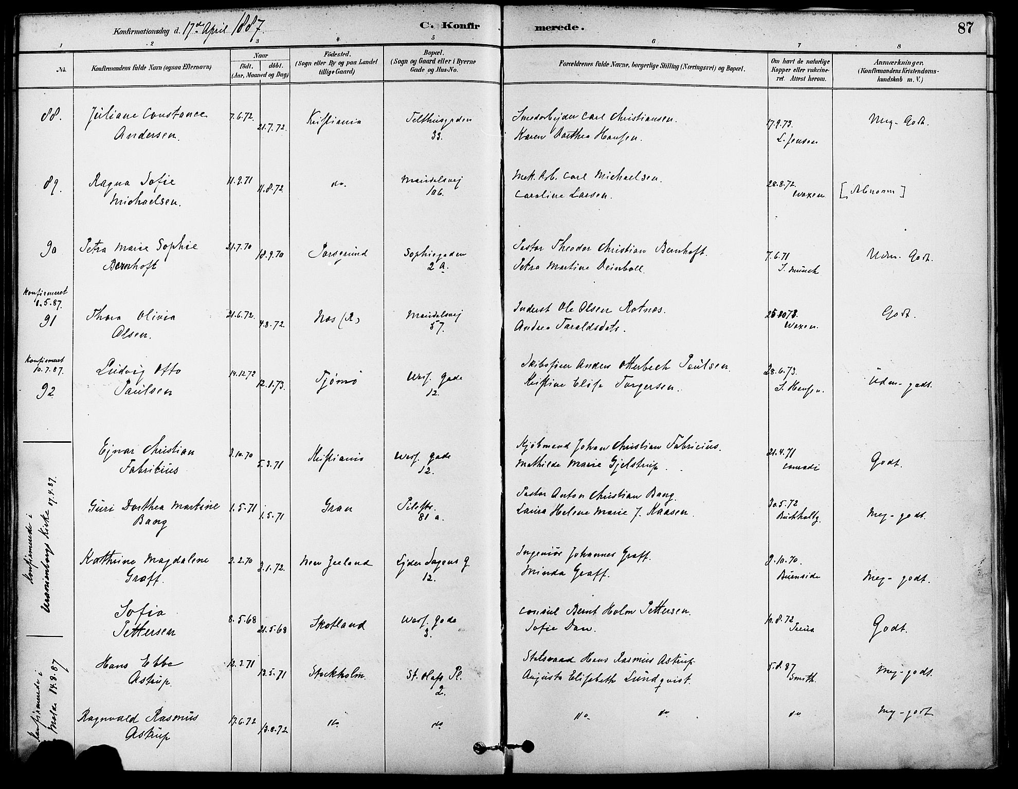 Gamle Aker prestekontor Kirkebøker, SAO/A-10617a/F/L0007: Parish register (official) no. 7, 1882-1890, p. 87
