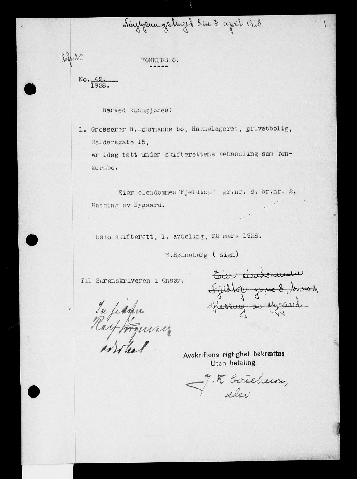Onsøy sorenskriveri, SAO/A-10474/G/Ga/Gaa/L0060: Mortgage book no. I 60, 1928-1928, p. 1