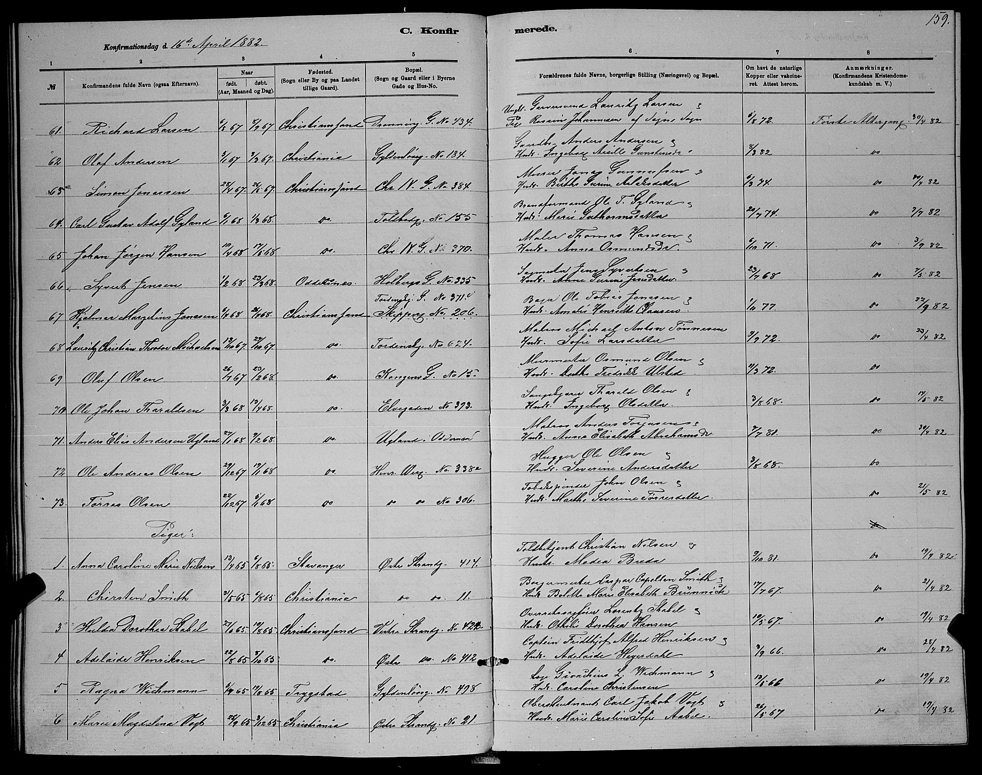 Kristiansand domprosti, SAK/1112-0006/F/Fb/L0016: Parish register (copy) no. B 16, 1881-1893, p. 159