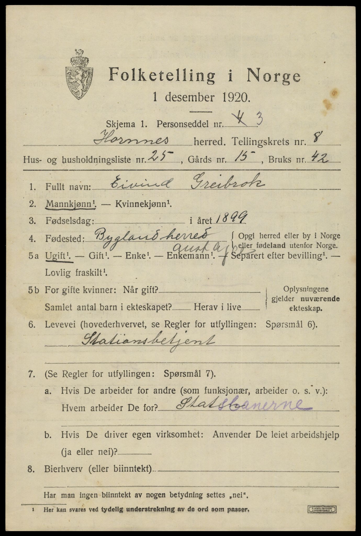 SAK, 1920 census for Hornnes, 1920, p. 2179