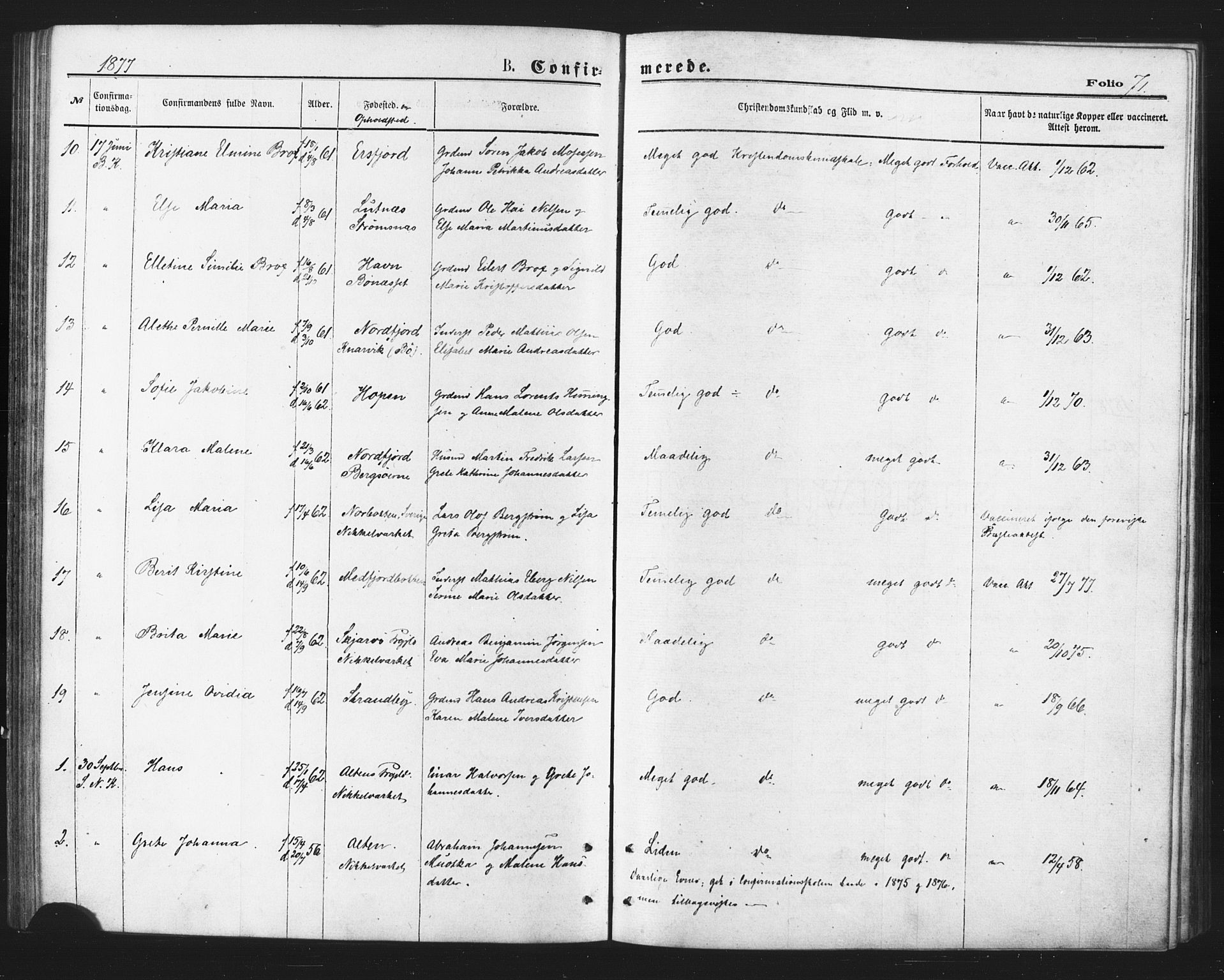 Berg sokneprestkontor, AV/SATØ-S-1318/G/Ga/Gaa/L0003kirke: Parish register (official) no. 3, 1872-1879, p. 71