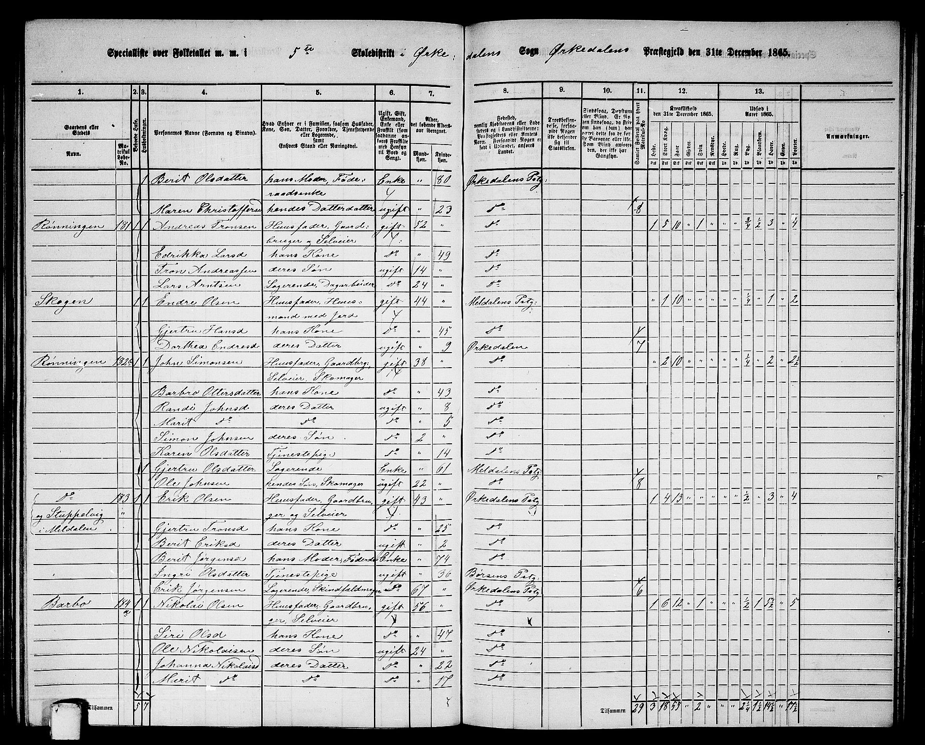 RA, 1865 census for Orkdal, 1865, p. 167