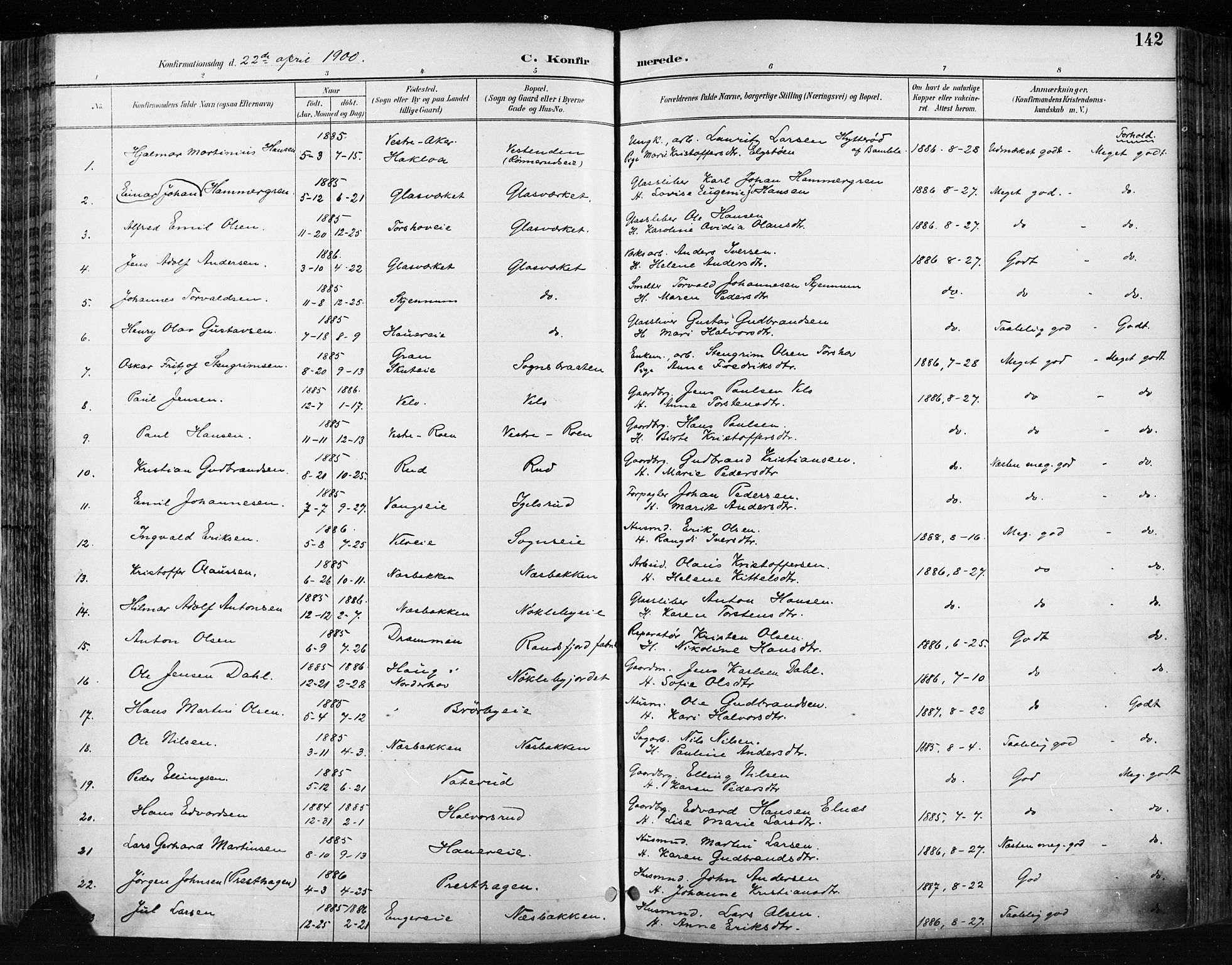 Jevnaker prestekontor, SAH/PREST-116/H/Ha/Haa/L0009: Parish register (official) no. 9, 1891-1901, p. 142