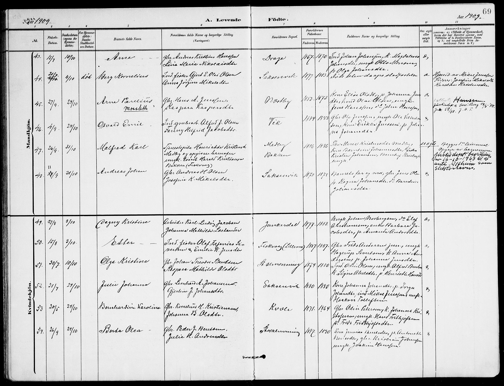 Ministerialprotokoller, klokkerbøker og fødselsregistre - Nordland, AV/SAT-A-1459/847/L0672: Parish register (official) no. 847A12, 1902-1919, p. 69