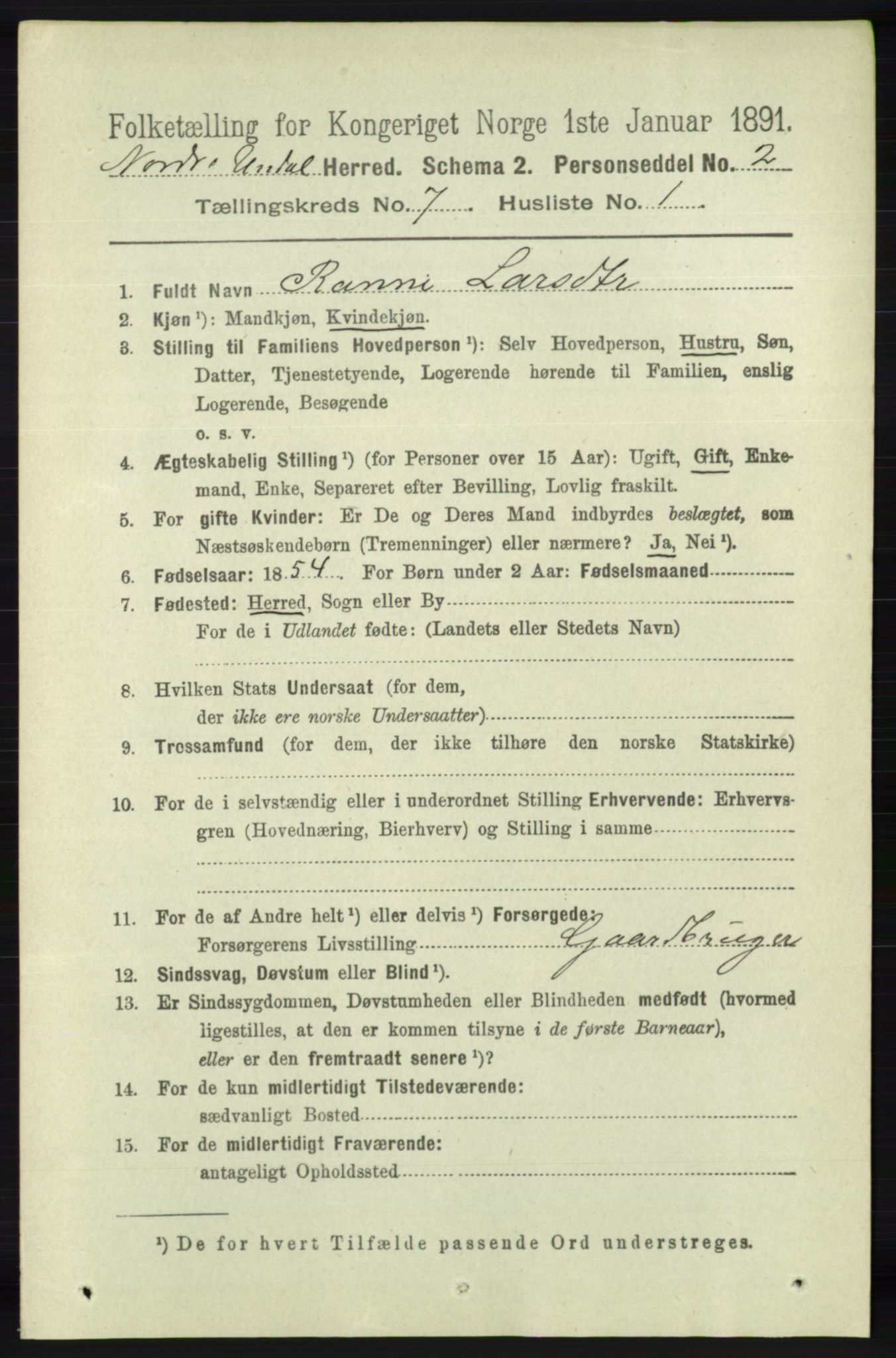 RA, 1891 census for 1028 Nord-Audnedal, 1891, p. 1785