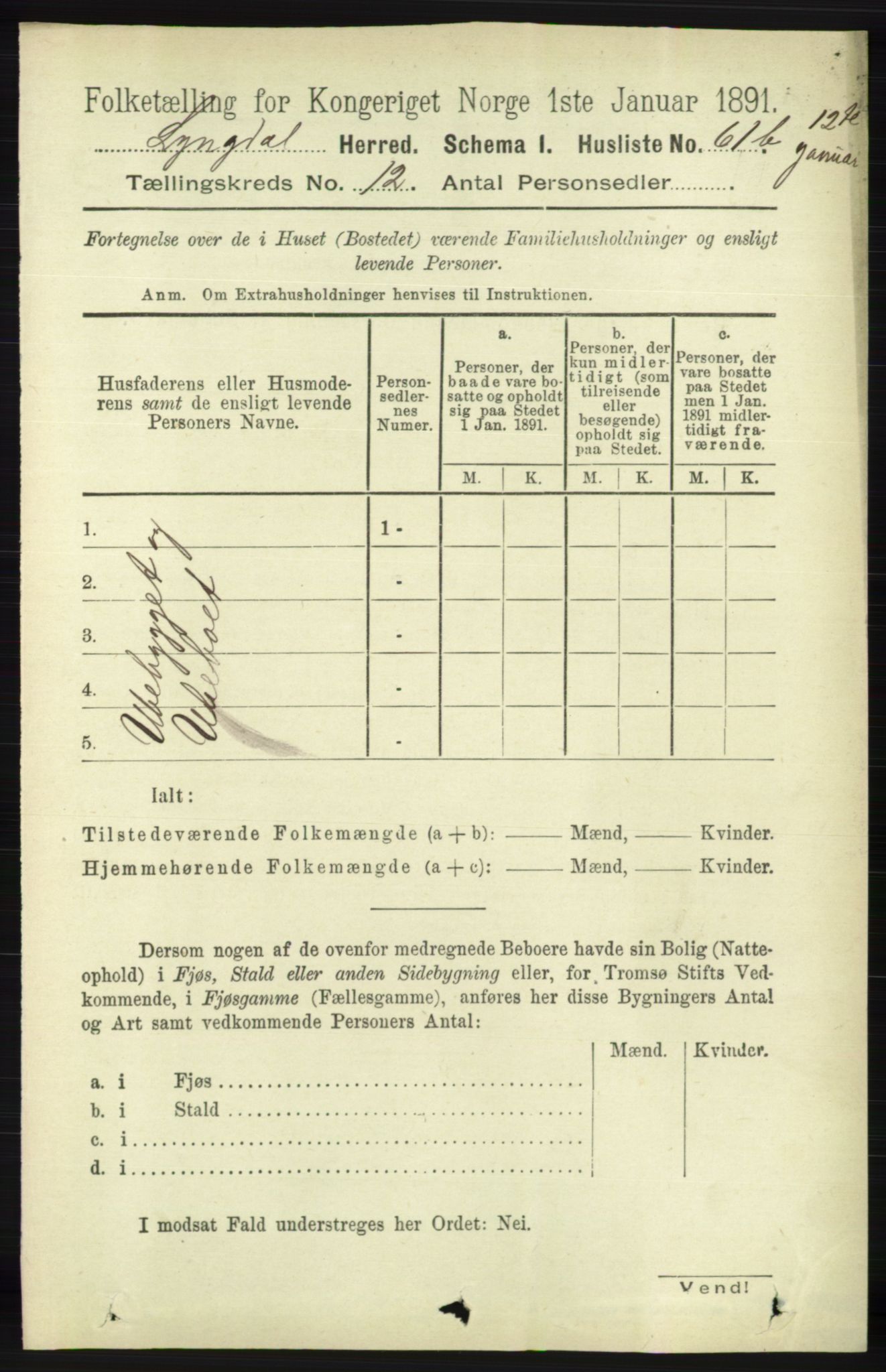 RA, 1891 census for 1032 Lyngdal, 1891, p. 5254