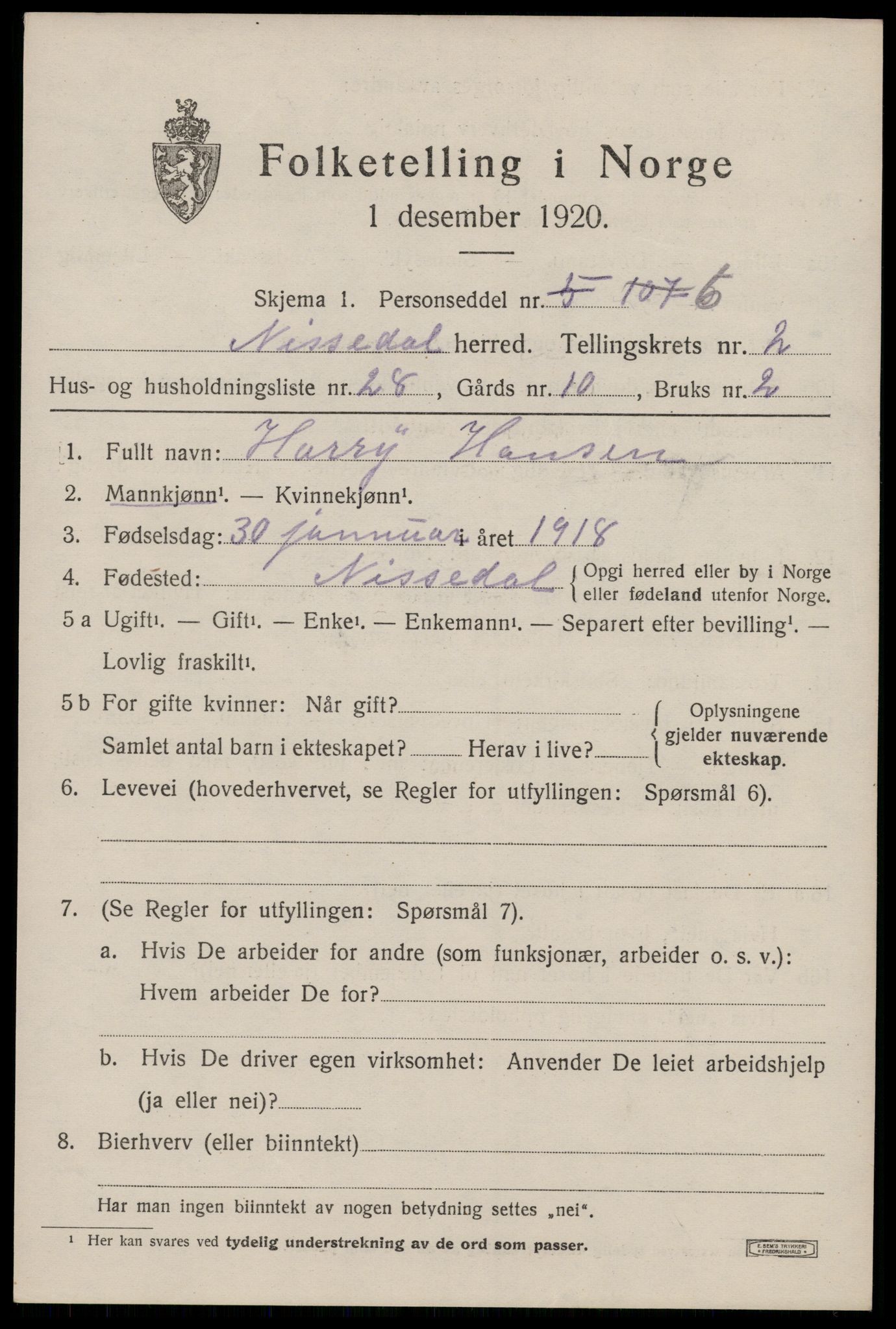 SAKO, 1920 census for Nissedal, 1920, p. 1499