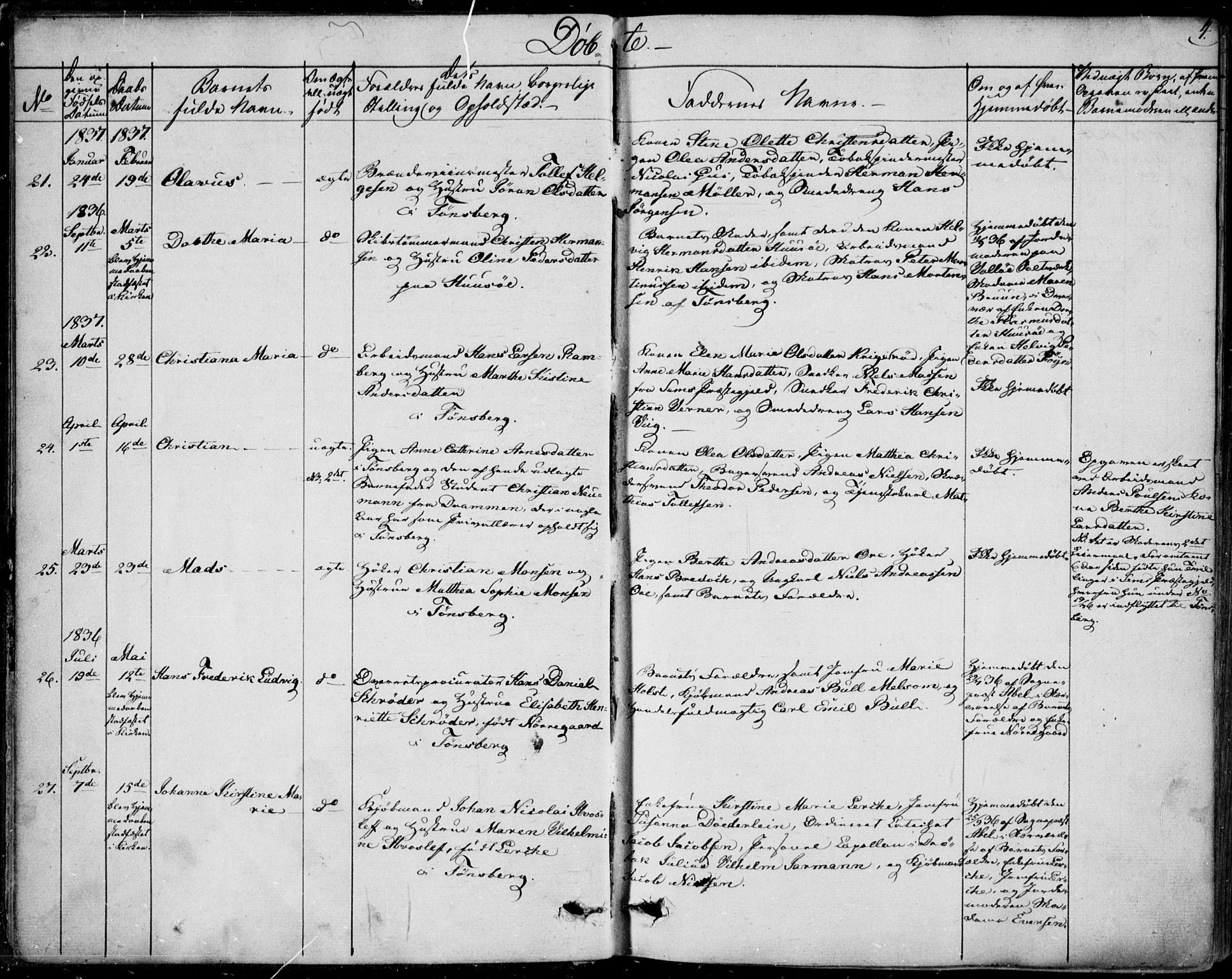 Tønsberg kirkebøker, AV/SAKO-A-330/F/Fa/L0006: Parish register (official) no. I 6, 1836-1844, p. 4