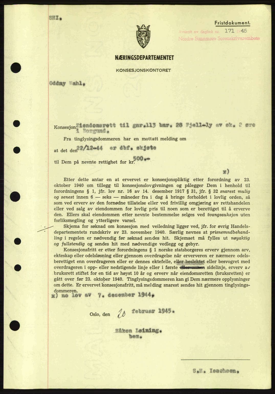 Nordre Sunnmøre sorenskriveri, SAT/A-0006/1/2/2C/2Ca: Mortgage book no. B6-14 a, 1942-1945, Diary no: : 171/1945