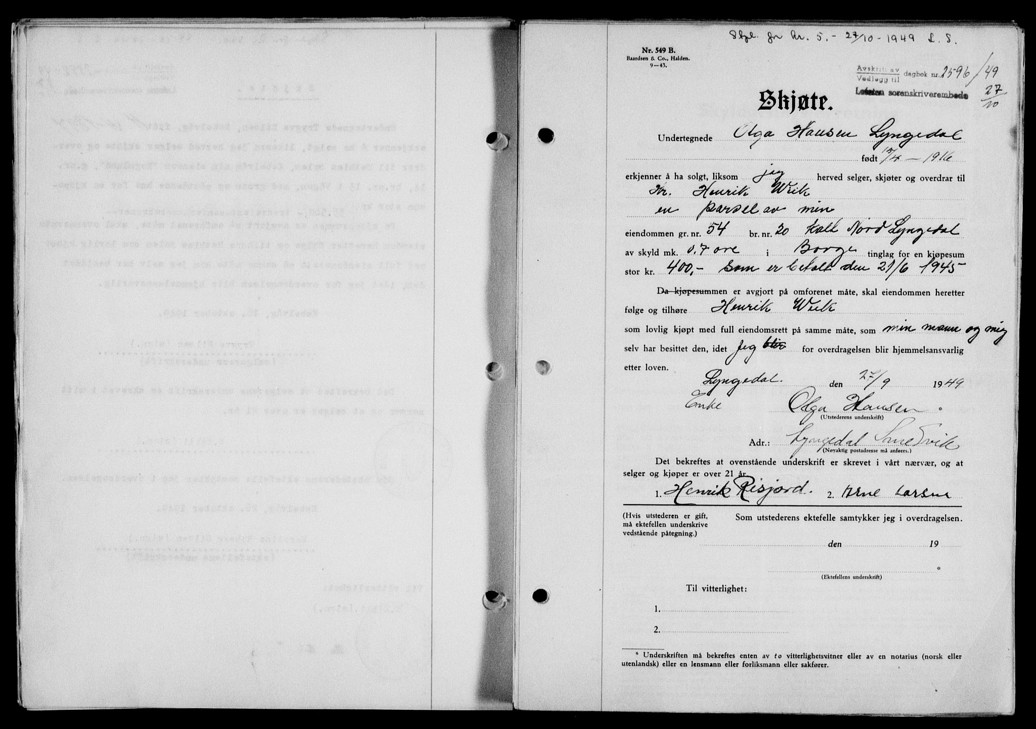 Lofoten sorenskriveri, SAT/A-0017/1/2/2C/L0022a: Mortgage book no. 22a, 1949-1950, Diary no: : 2596/1949