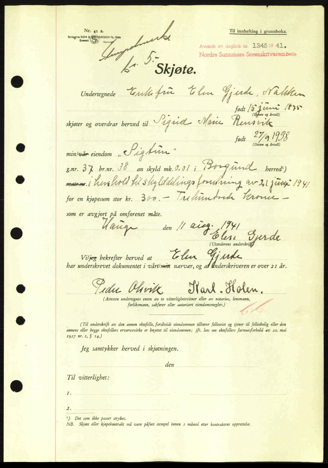 Nordre Sunnmøre sorenskriveri, AV/SAT-A-0006/1/2/2C/2Ca: Mortgage book no. A11, 1941-1941, Diary no: : 1345/1941