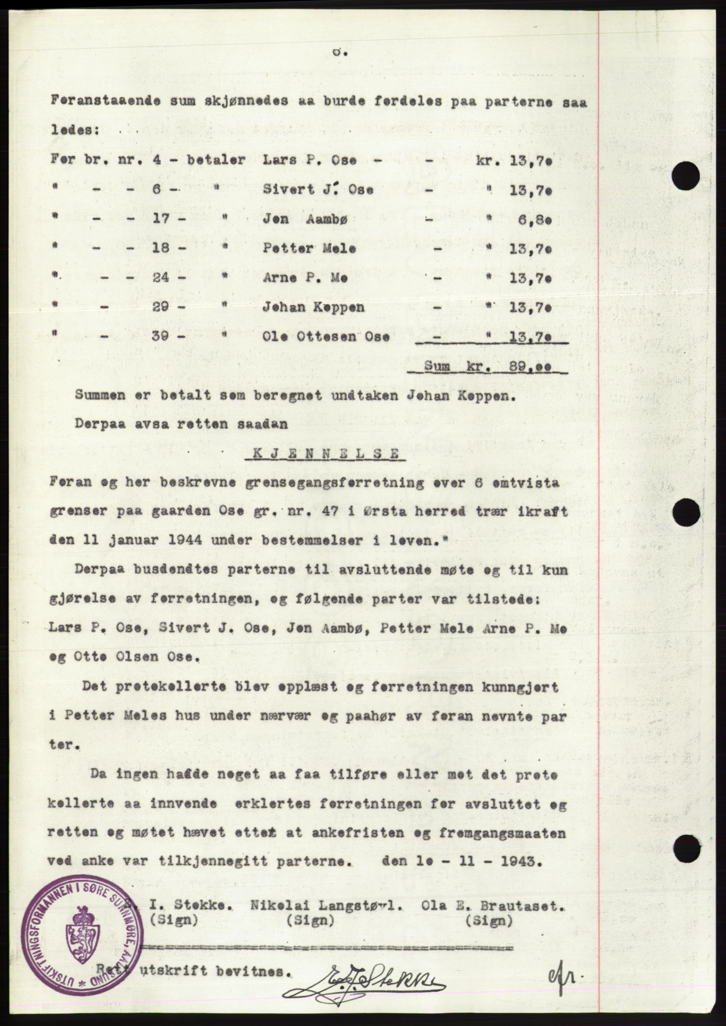 Søre Sunnmøre sorenskriveri, AV/SAT-A-4122/1/2/2C/L0075: Mortgage book no. 1A, 1943-1943, Diary no: : 1112/1943