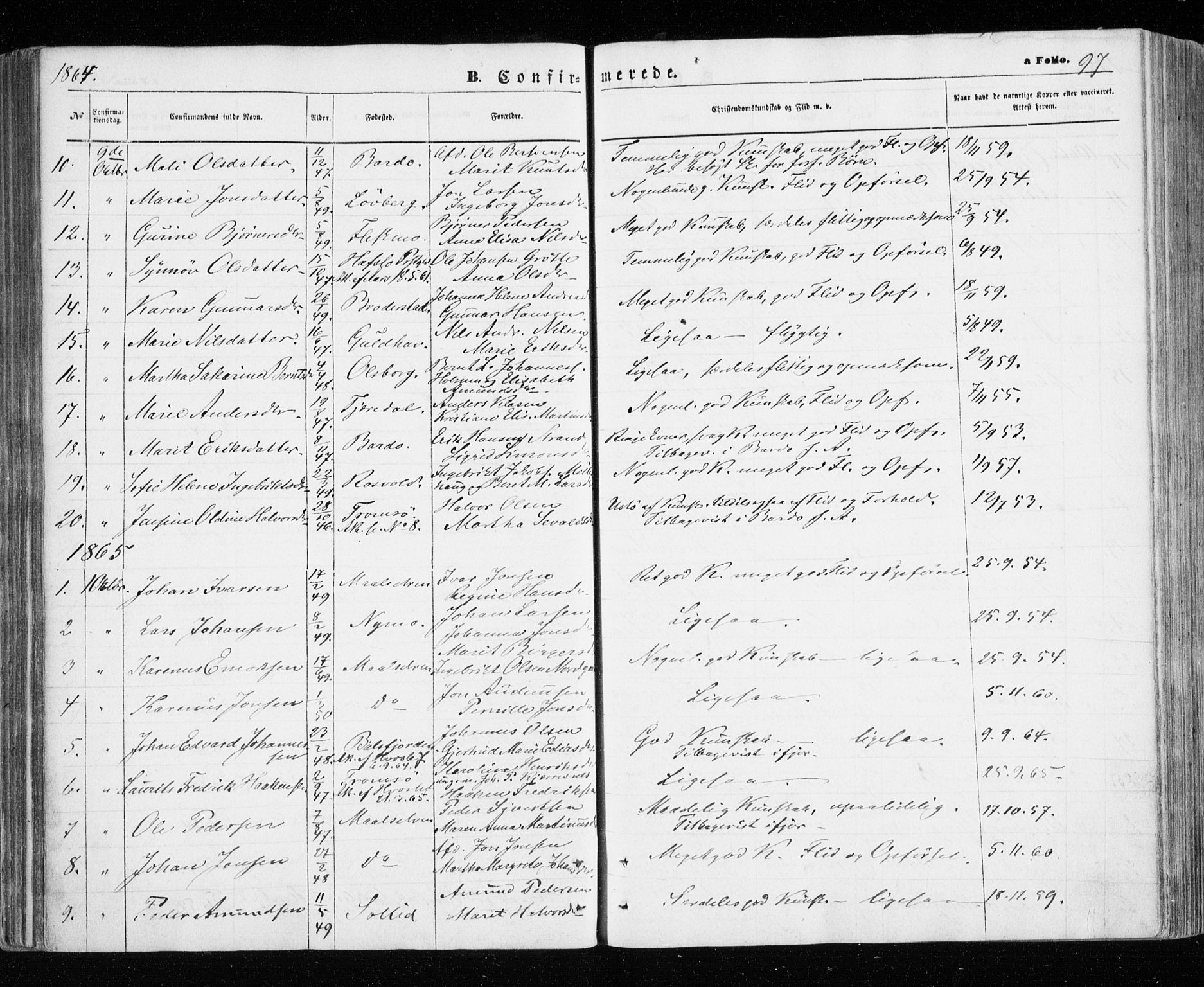 Målselv sokneprestembete, SATØ/S-1311/G/Ga/Gaa/L0004kirke: Parish register (official) no. 4, 1863-1872, p. 97