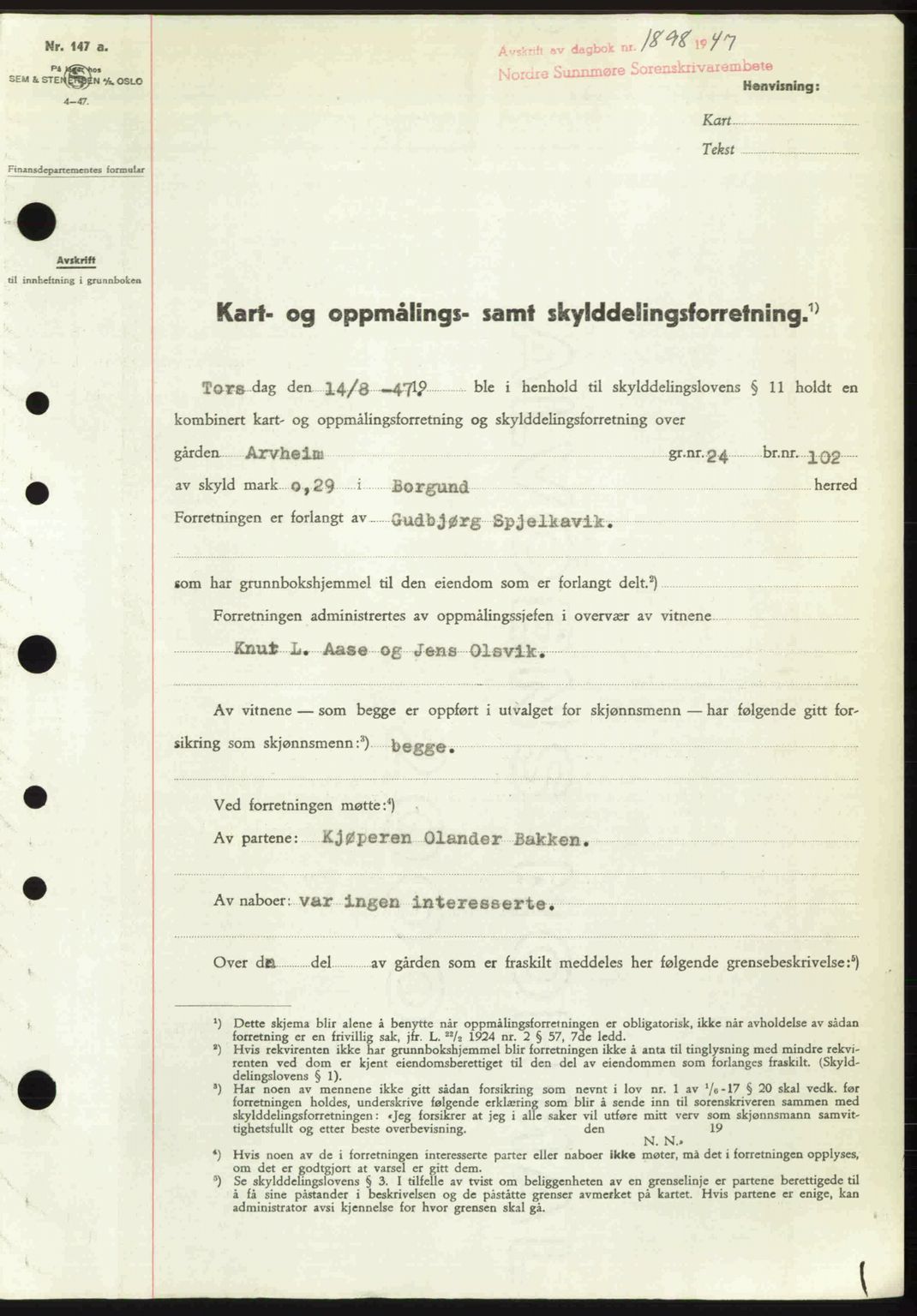 Nordre Sunnmøre sorenskriveri, AV/SAT-A-0006/1/2/2C/2Ca: Mortgage book no. A25, 1947-1947, Diary no: : 1898/1947