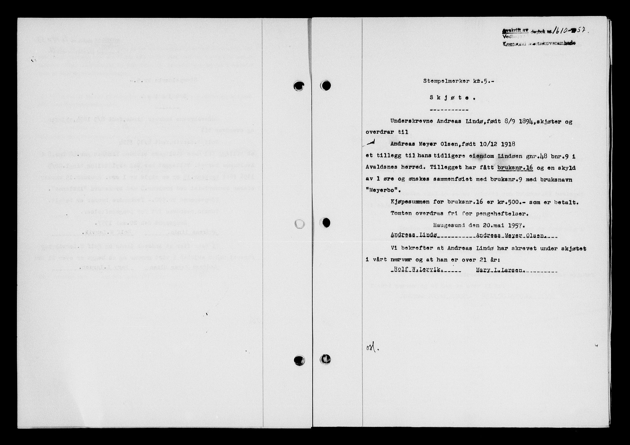 Karmsund sorenskriveri, AV/SAST-A-100311/01/II/IIB/L0125: Mortgage book no. 105A, 1957-1957, Diary no: : 1610/1957