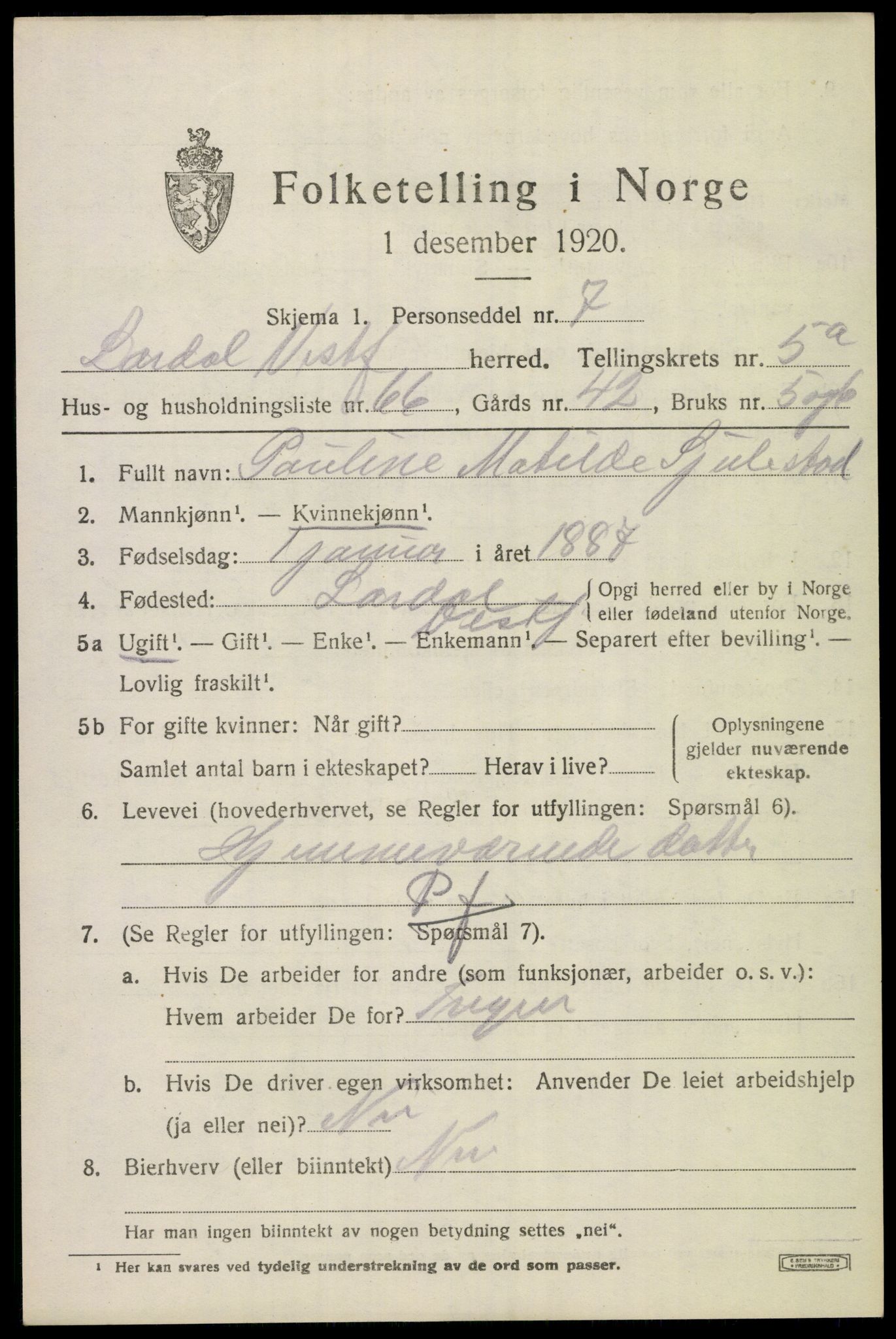 SAKO, 1920 census for Lardal, 1920, p. 5201