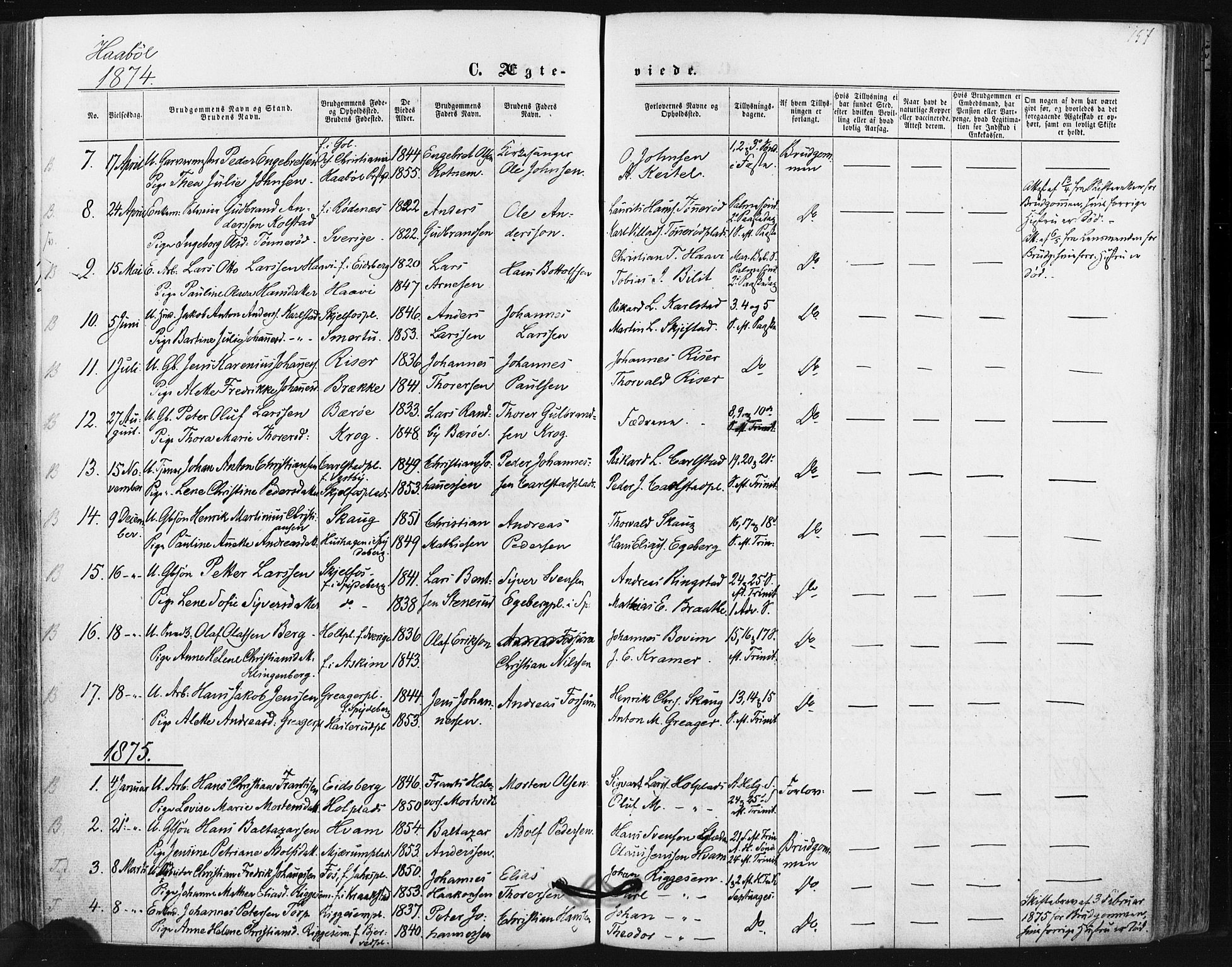 Hobøl prestekontor Kirkebøker, AV/SAO-A-2002/F/Fa/L0004: Parish register (official) no. I 4, 1865-1877, p. 157