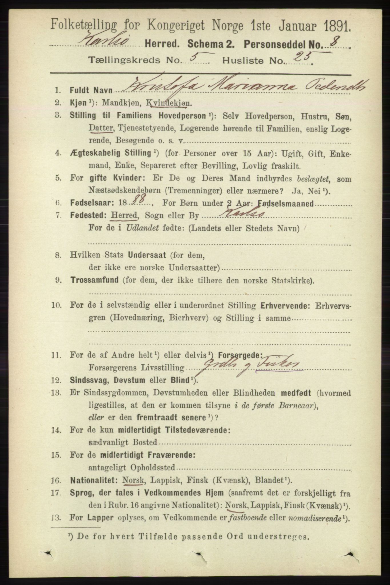 RA, 1891 census for 1936 Karlsøy, 1891, p. 1473