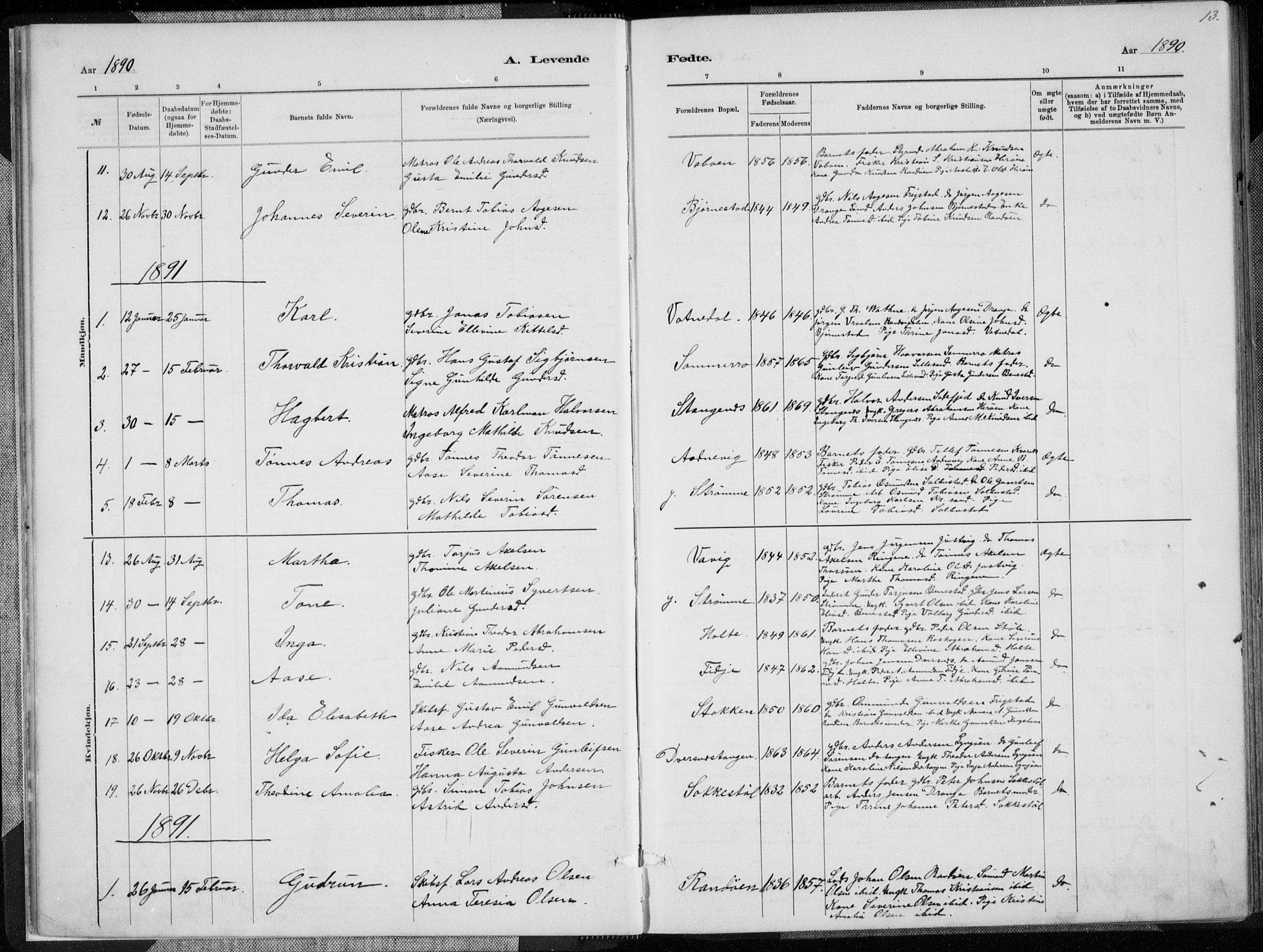 Oddernes sokneprestkontor, AV/SAK-1111-0033/F/Fa/Fab/L0002: Parish register (official) no. A 2, 1884-1903, p. 13