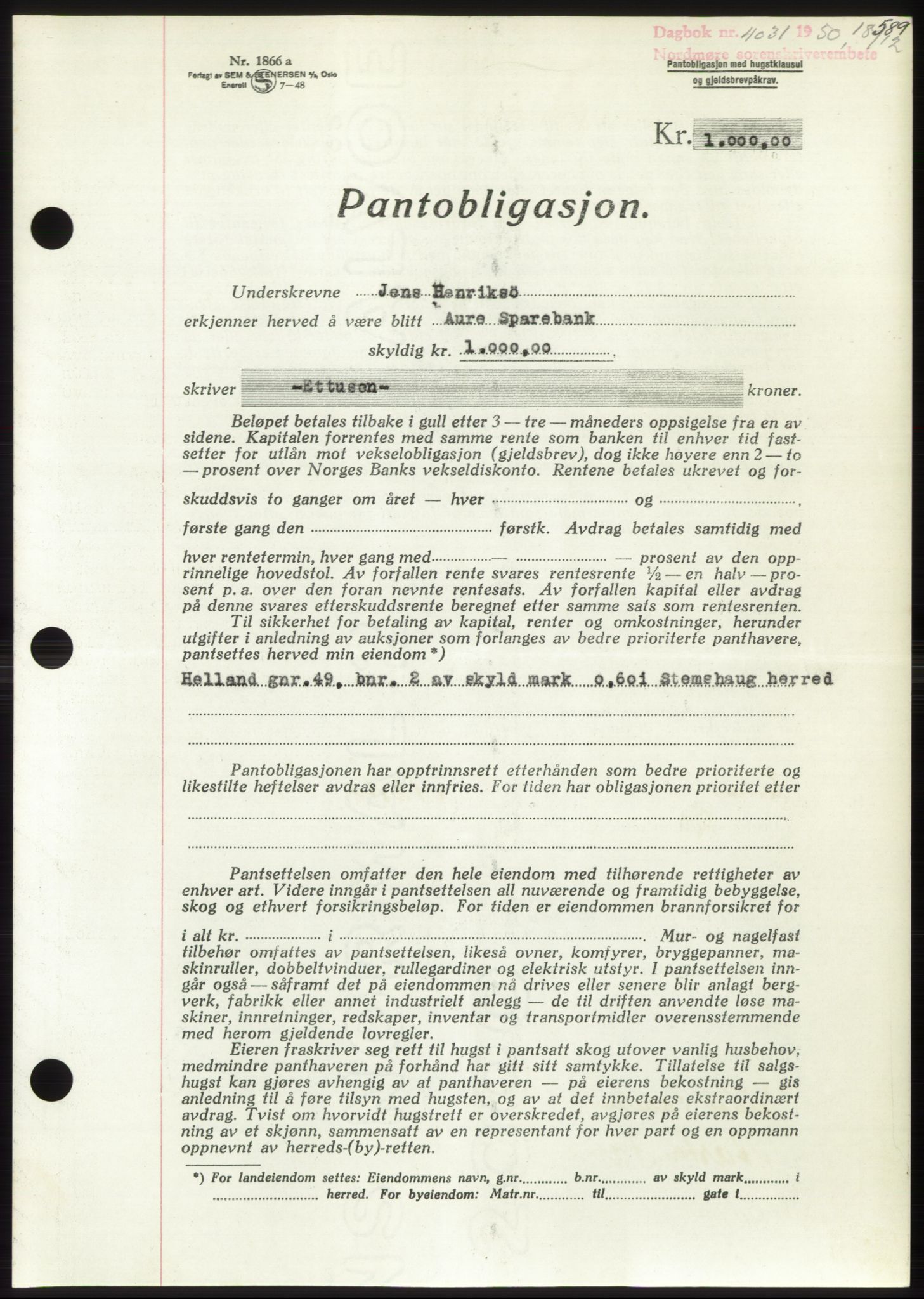 Nordmøre sorenskriveri, AV/SAT-A-4132/1/2/2Ca: Mortgage book no. B106, 1950-1950, Diary no: : 4031/1950